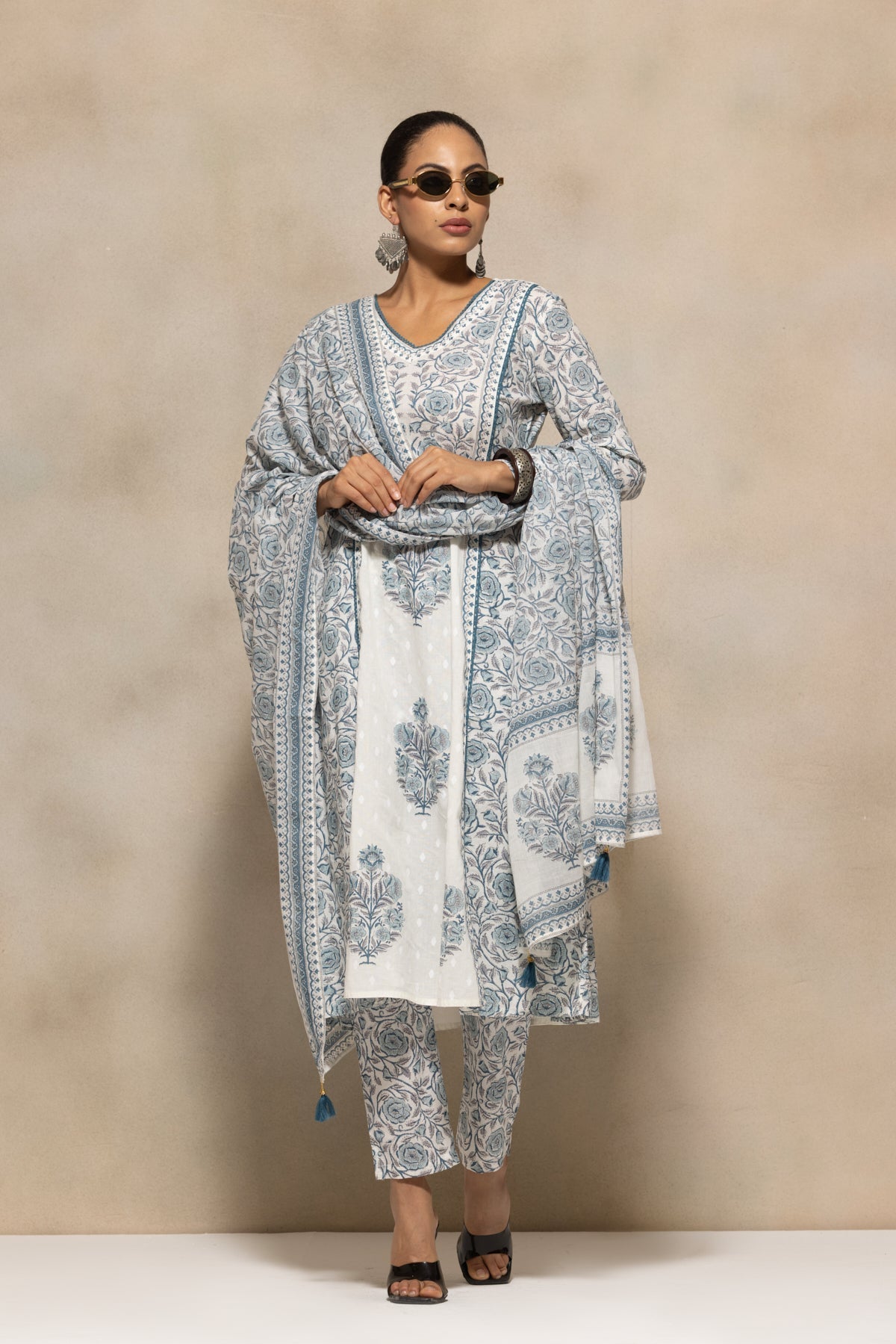White Printed A-Line Kurta 3 Pcs Set