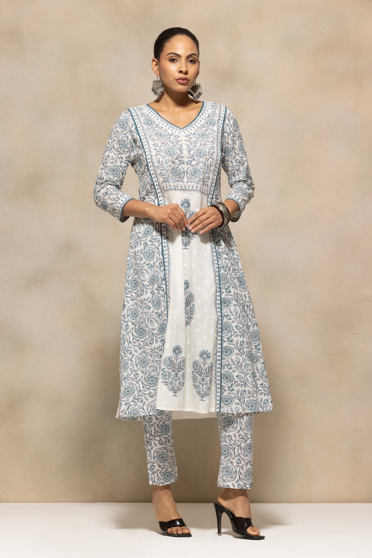 White Printed A-Line Kurta 3 Pcs Set