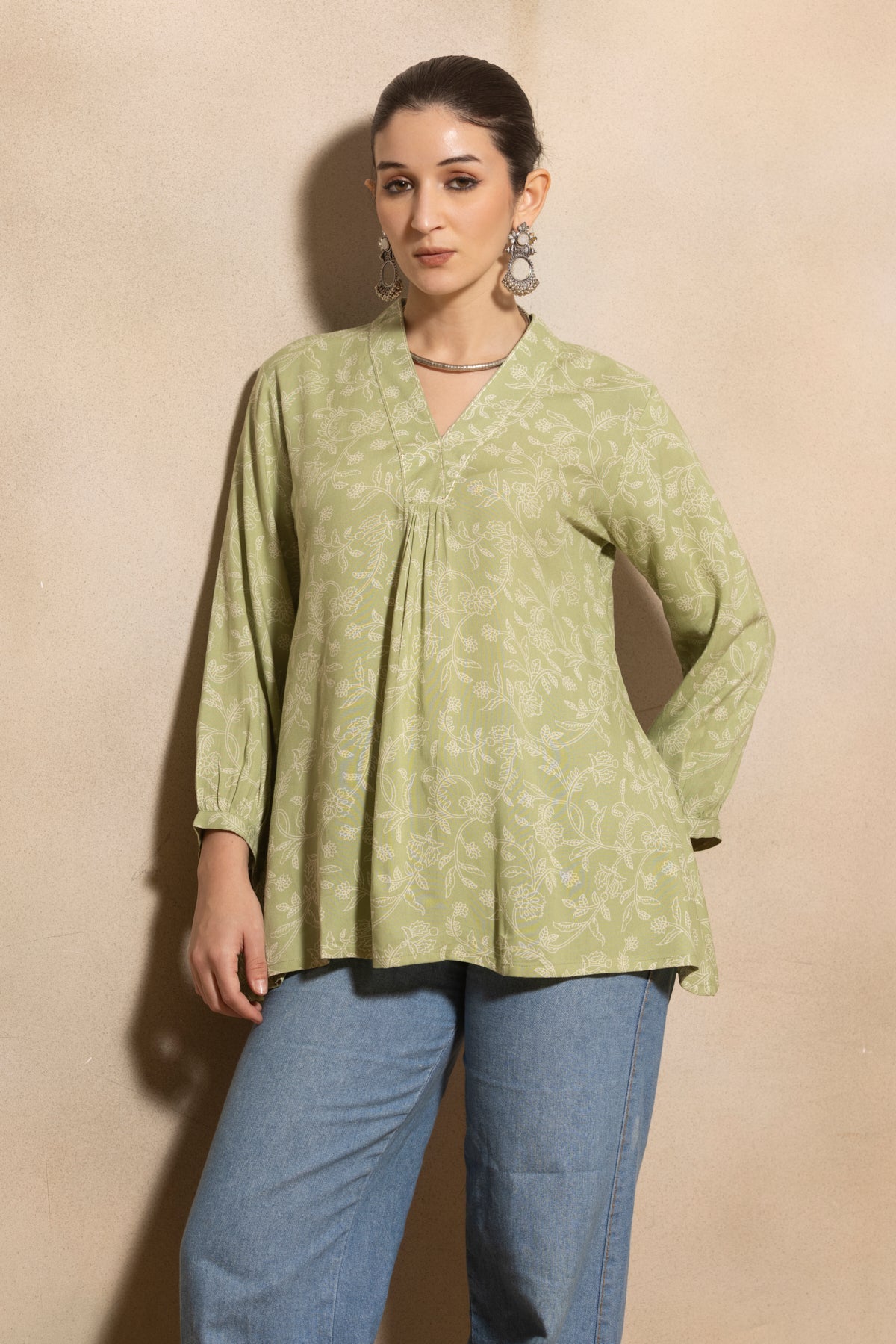 Green Printed Flared Top