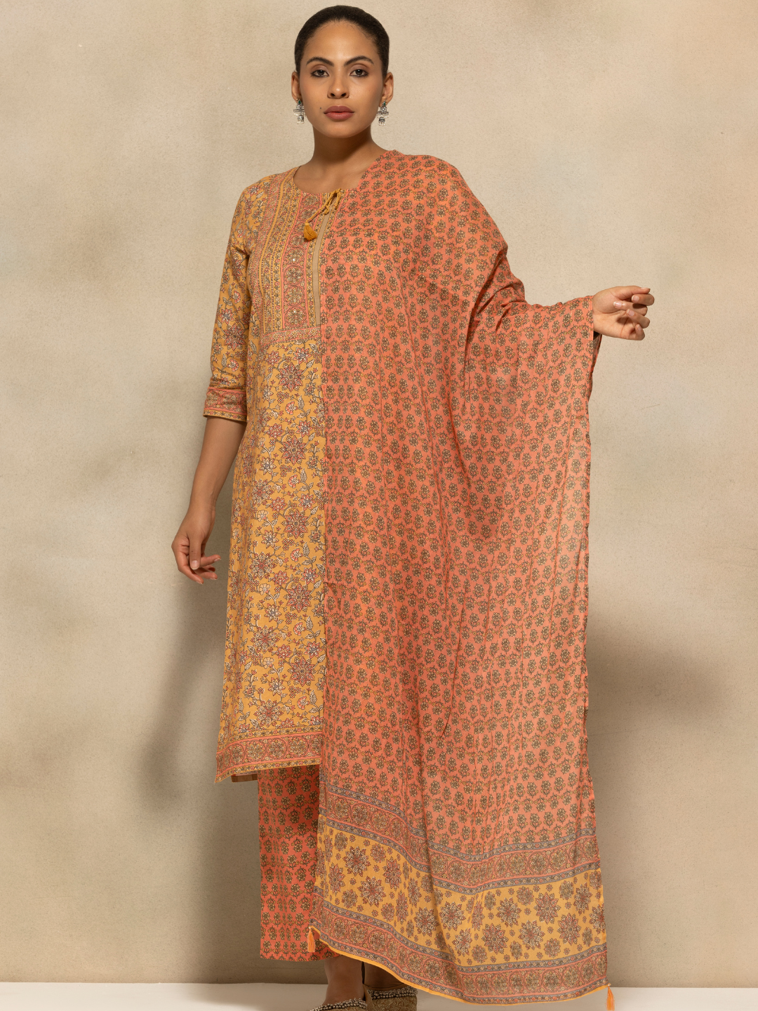 Mustard Printed Kurta 3 Pcs Set