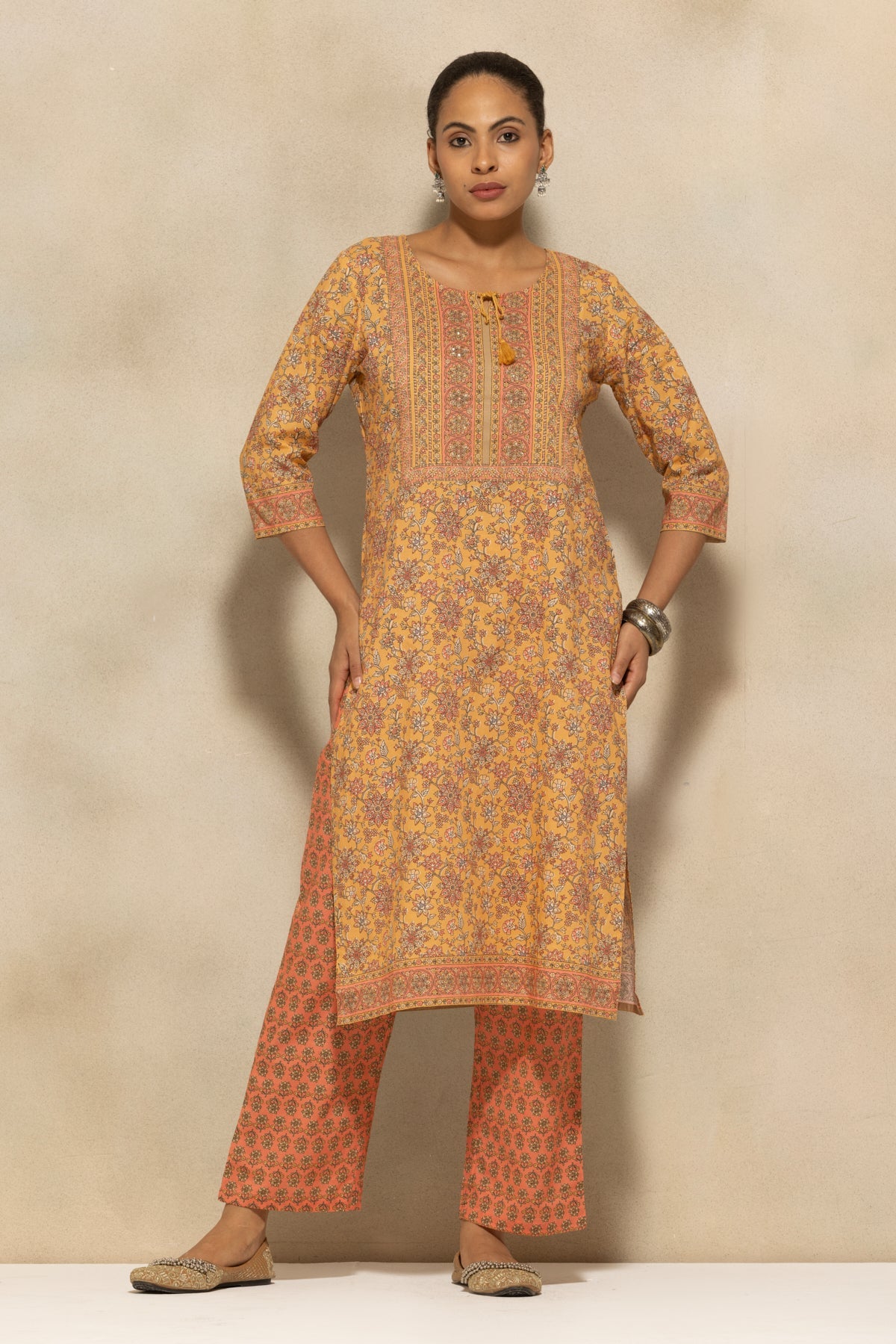 Mustard Printed Kurta 3 Pcs Set