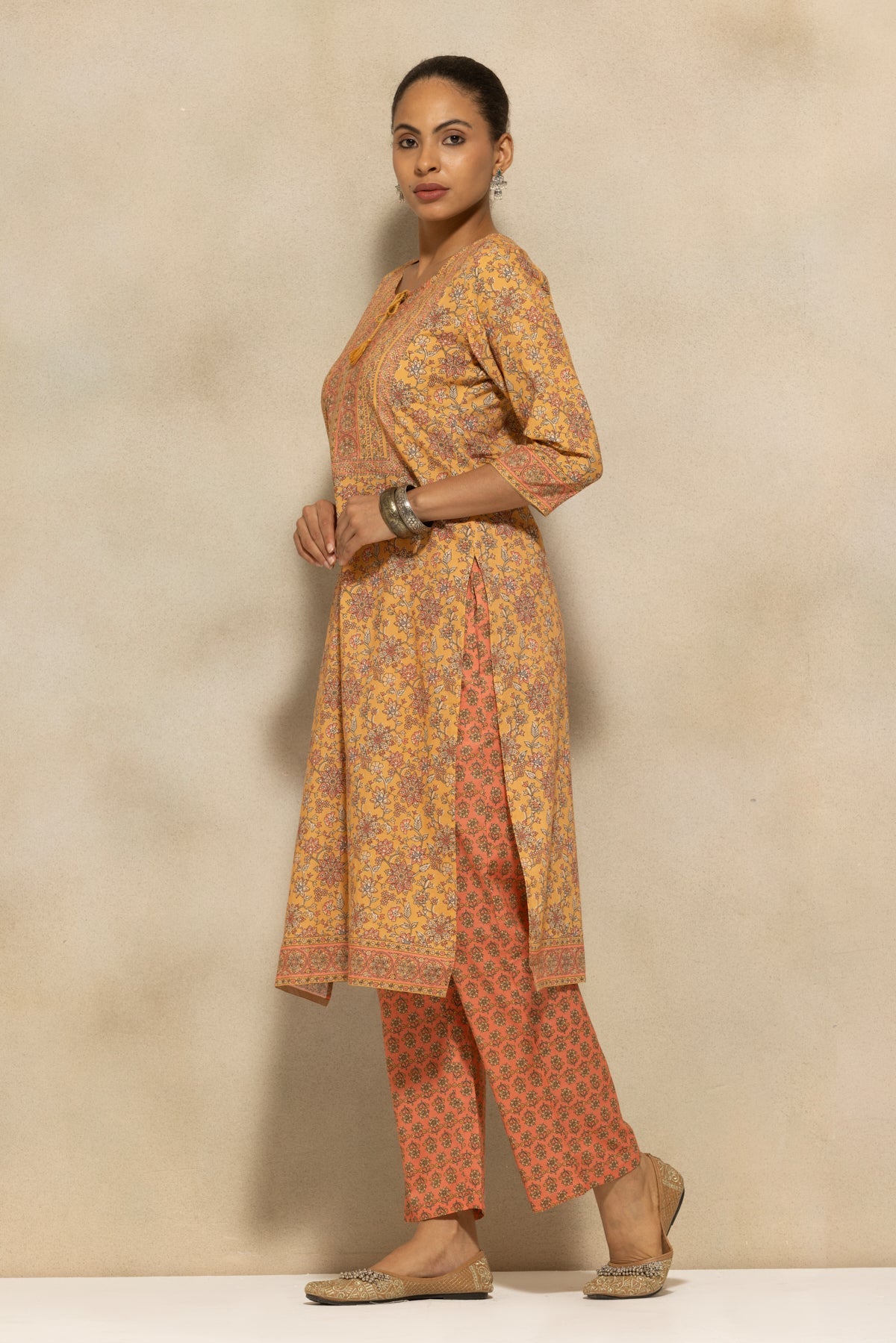 Mustard Printed Kurta 3 Pcs Set