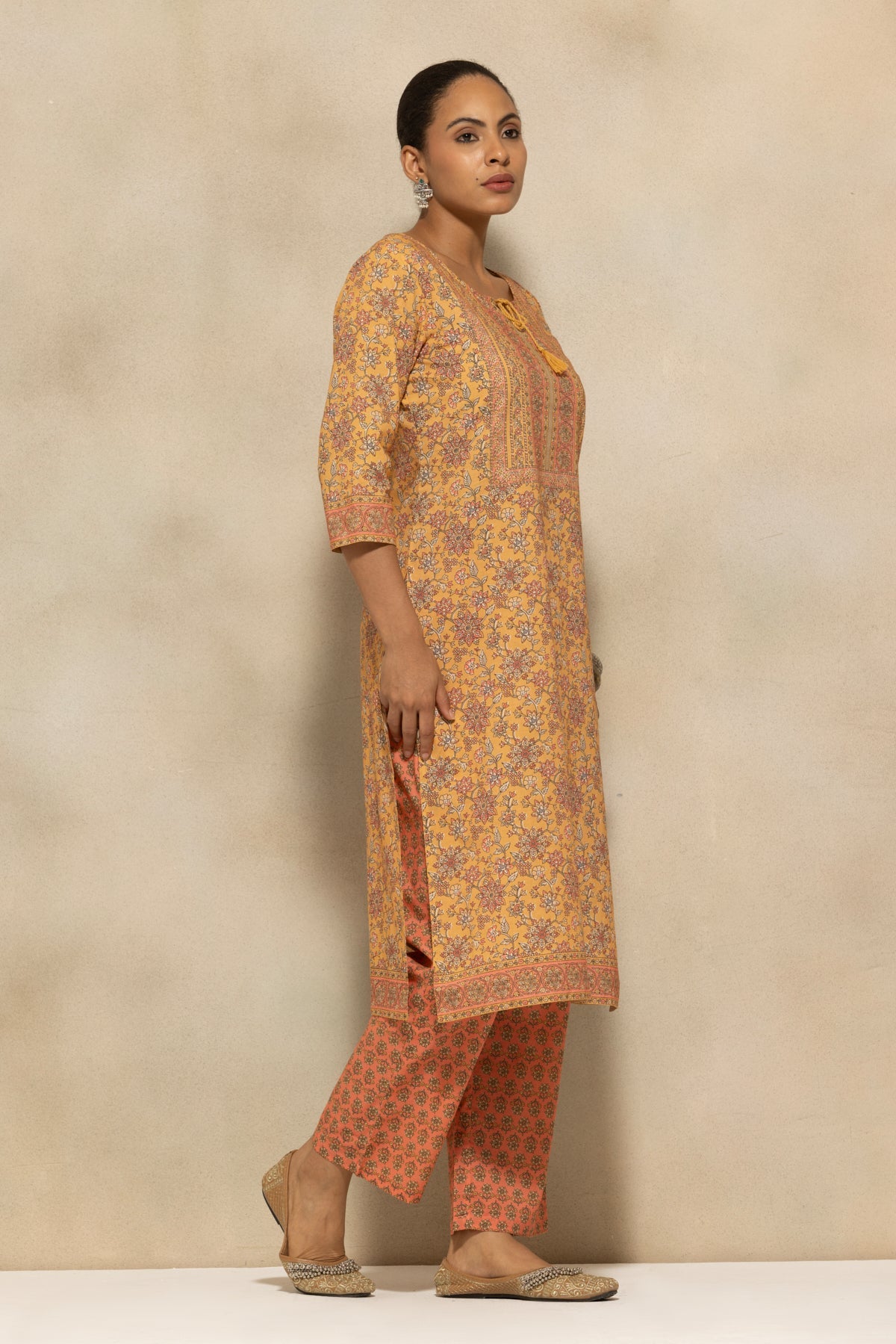 Mustard Printed Kurta 3 Pcs Set