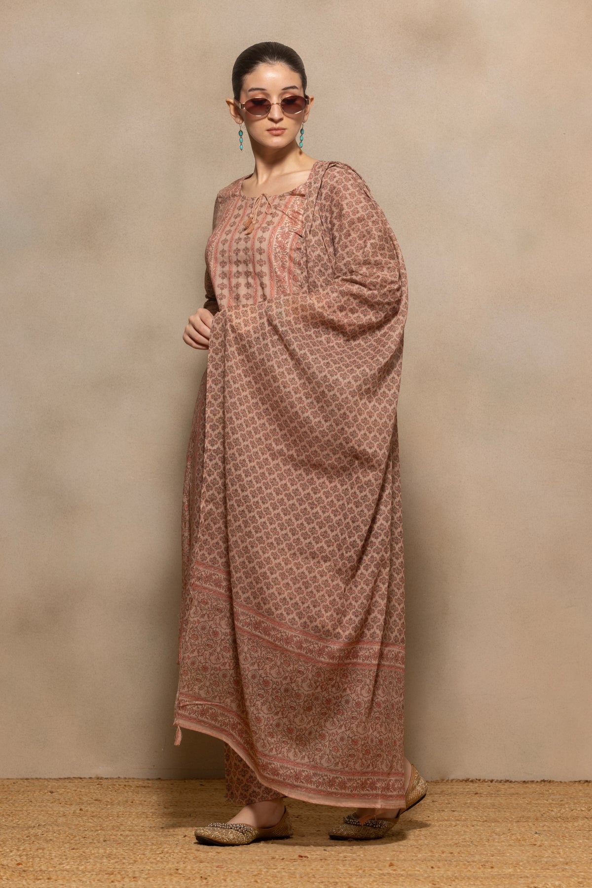 Brown Printed Kurta 3 Pcs Set