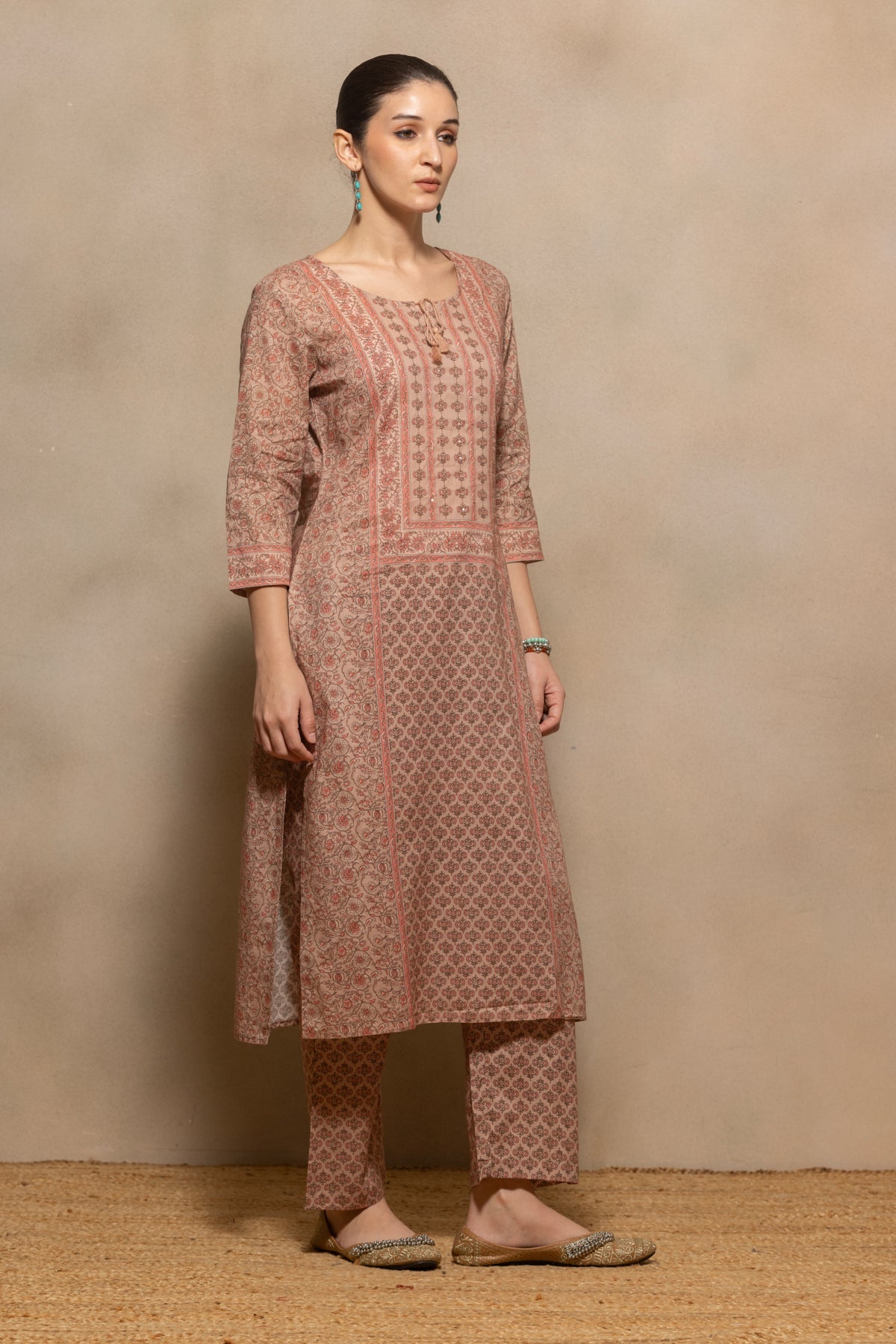 Brown Printed Kurta 3 Pcs Set