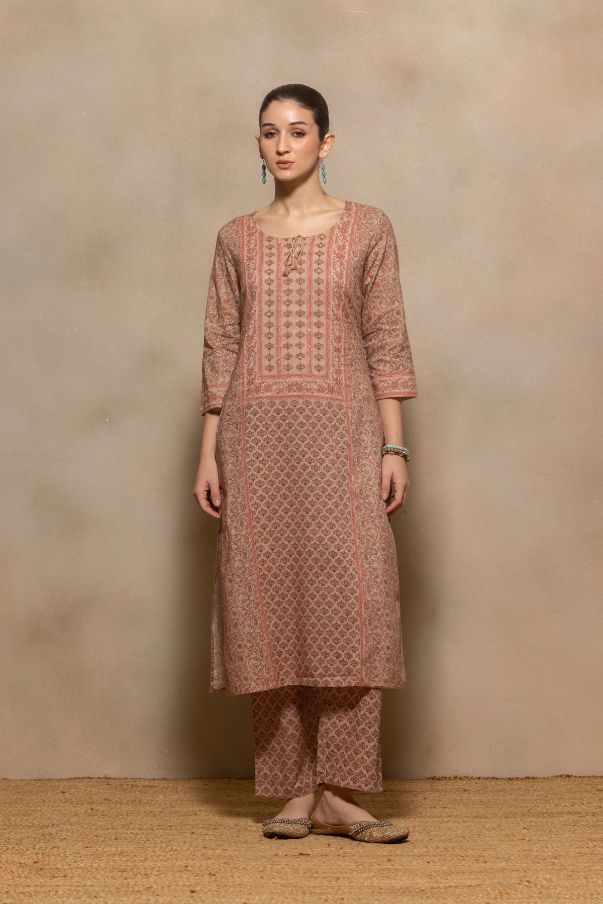 Brown Printed Kurta 3 Pcs Set