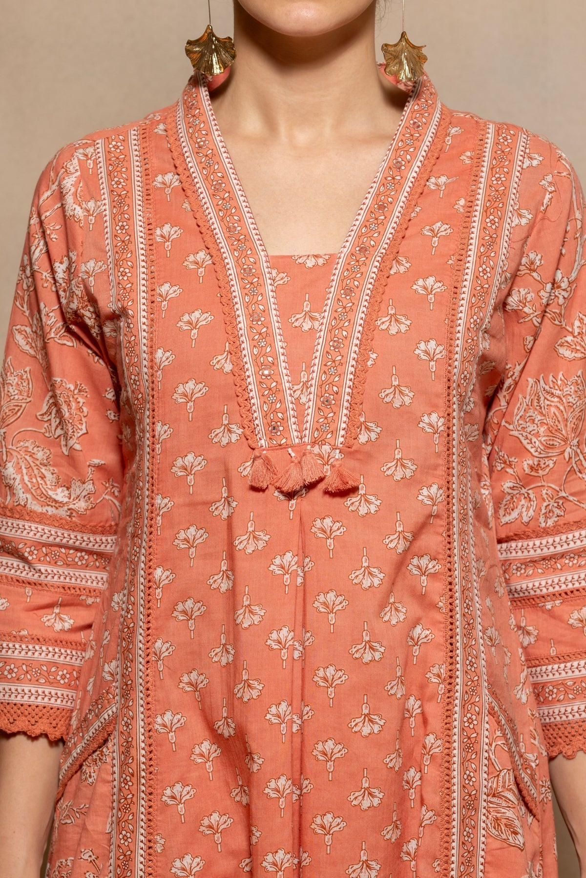 Peach Floral Printed Flared Kurta 3 Pcs Set
