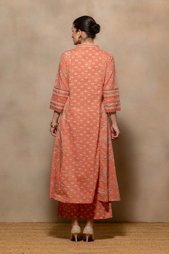 Peach Floral Printed Flared Kurta 3 Pcs Set
