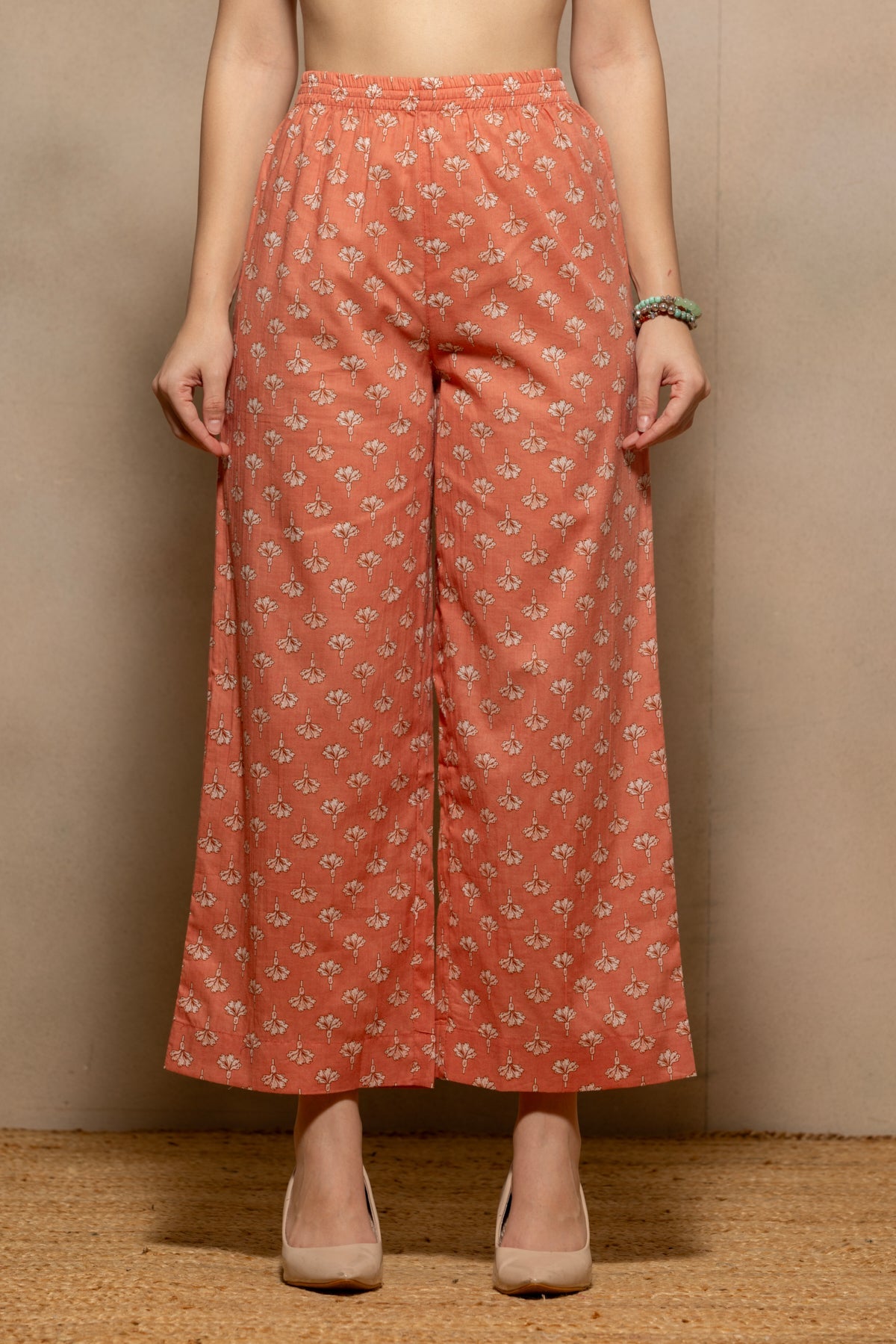 Peach Floral Printed Flared Kurta 3 Pcs Set