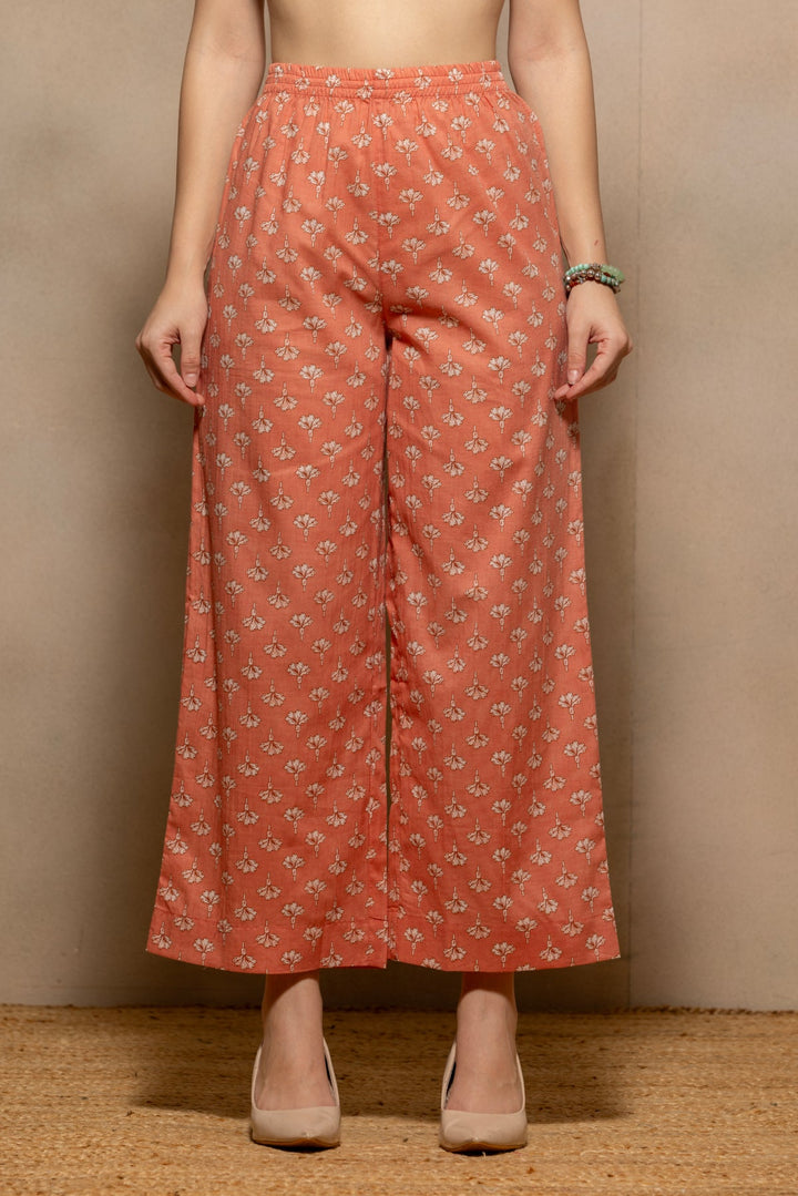 Peach Floral Printed Flared Kurta 3 Pcs Set