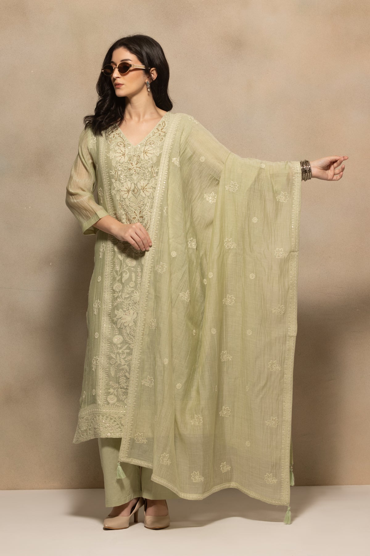 Green Stone Embroidered Kurta 3 Pcs Set