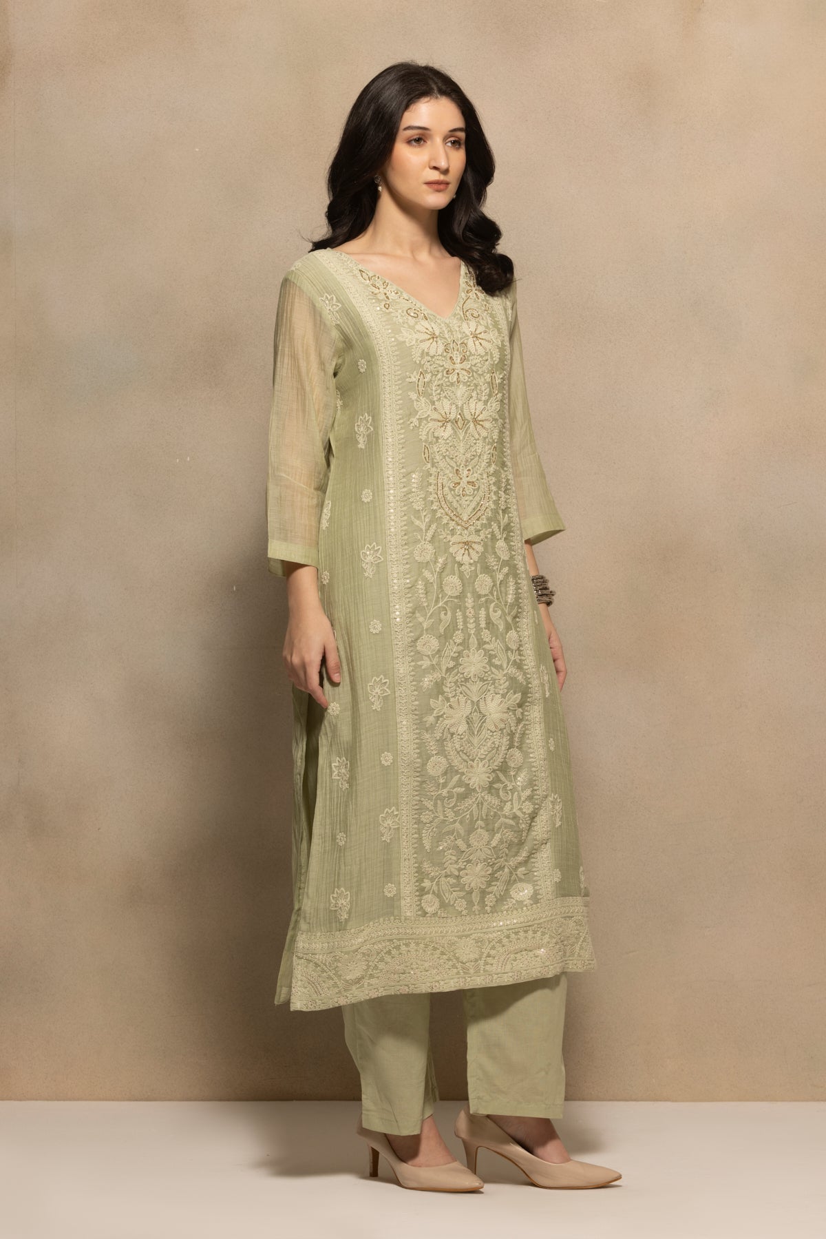 Green Stone Embroidered Kurta 3 Pcs Set