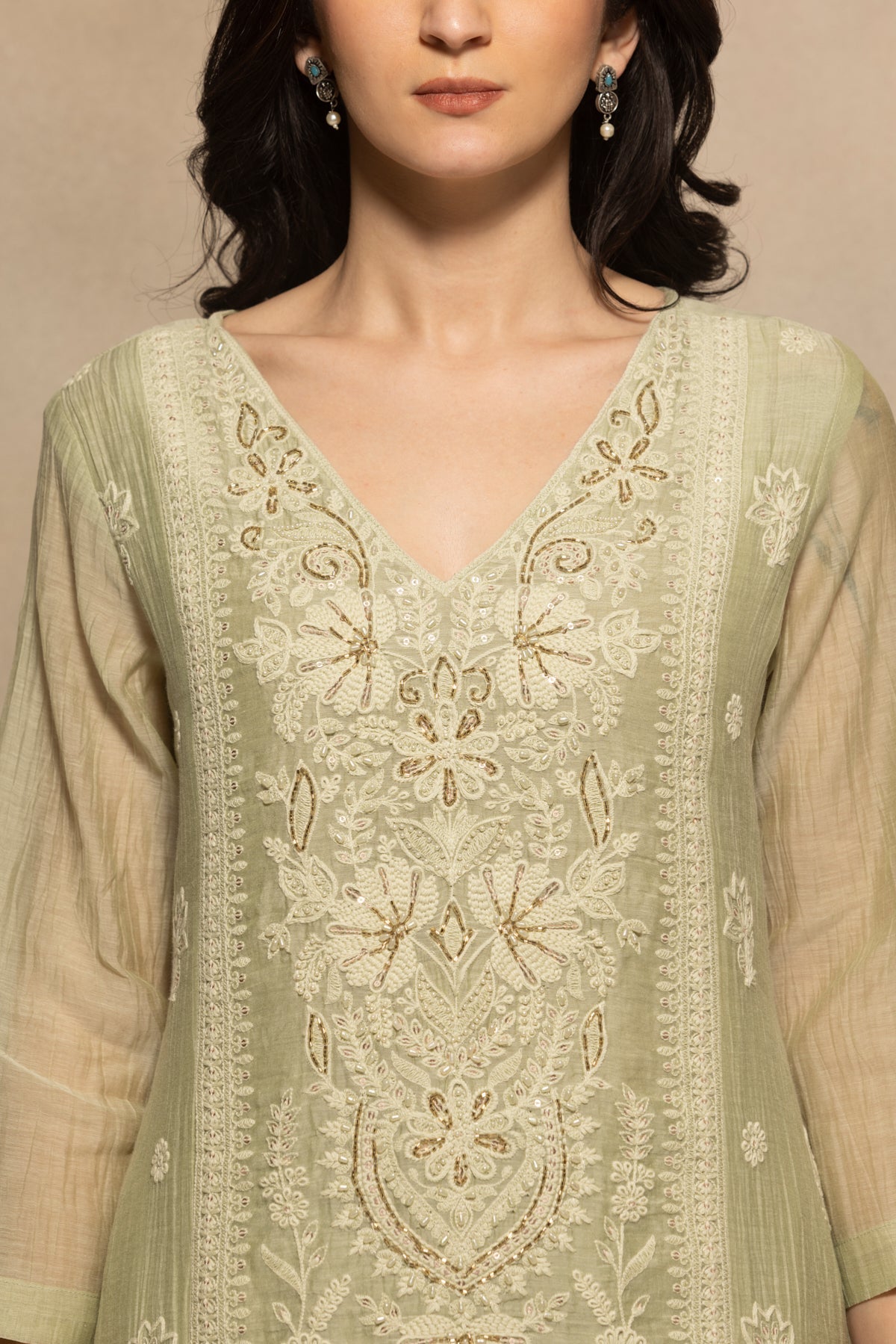 Green Stone Embroidered Kurta 3 Pcs Set