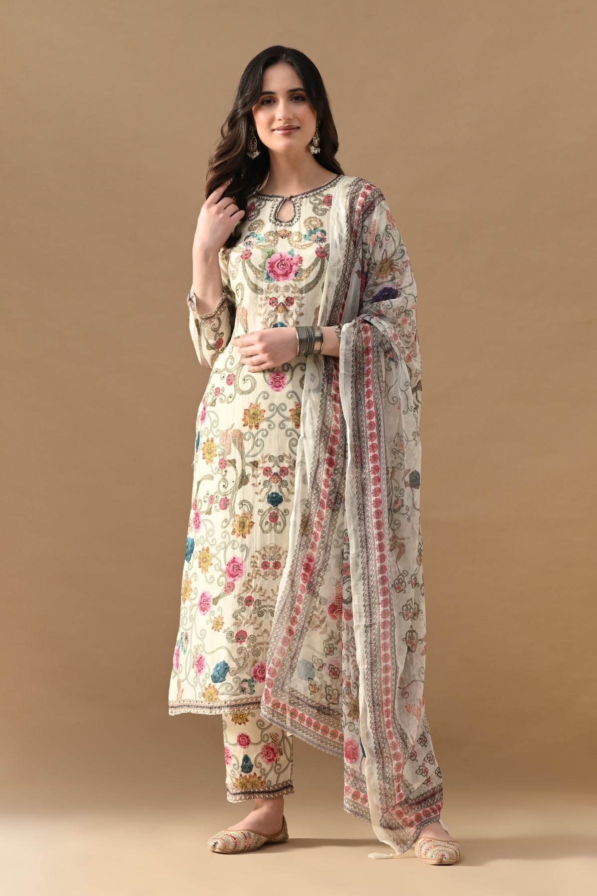 Cream Stone Embellished Kurta 3 Pcs Set