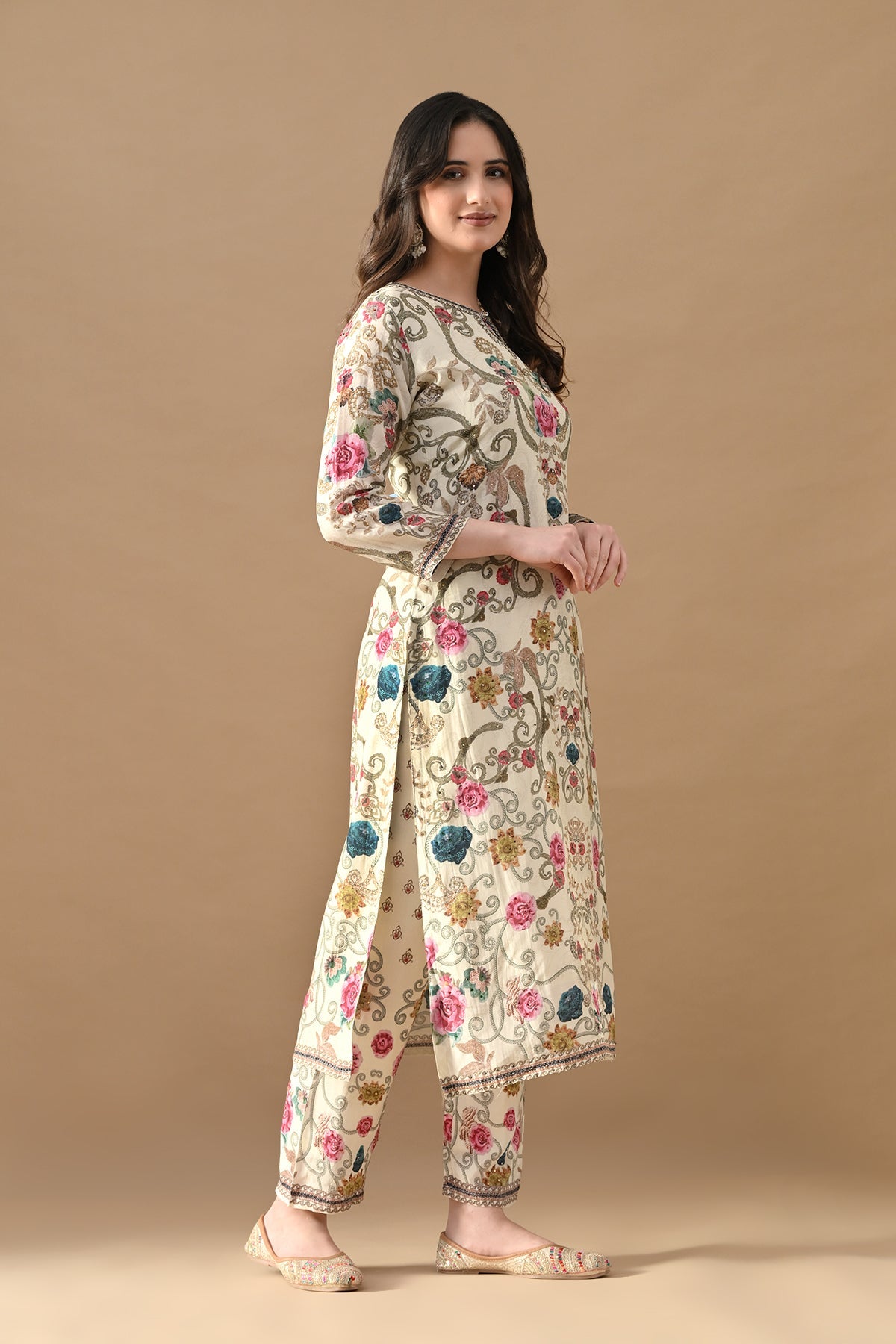 Cream Stone Embellished Kurta 3 Pcs Set