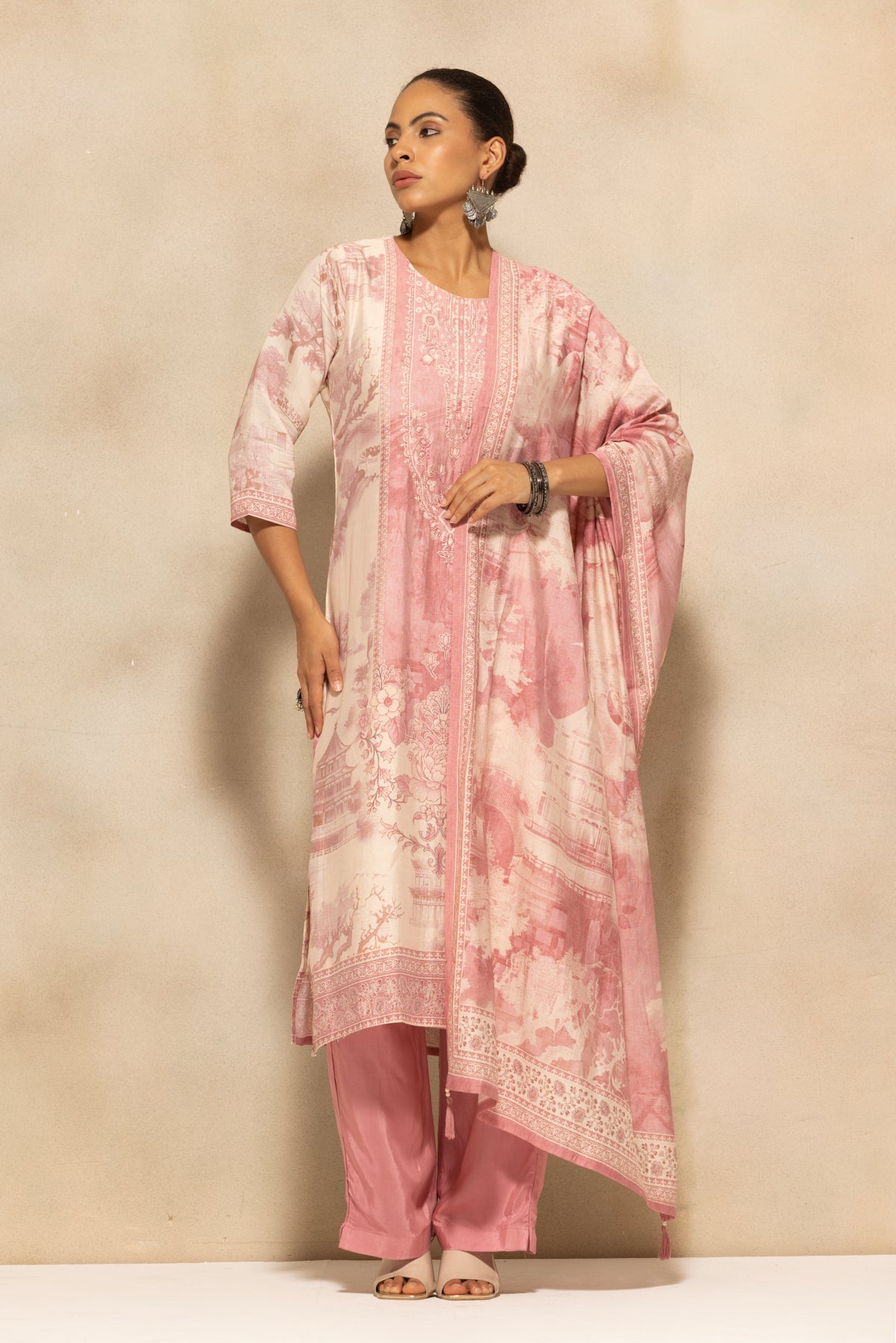 Pink Printed Kurta 3 Pcs Set