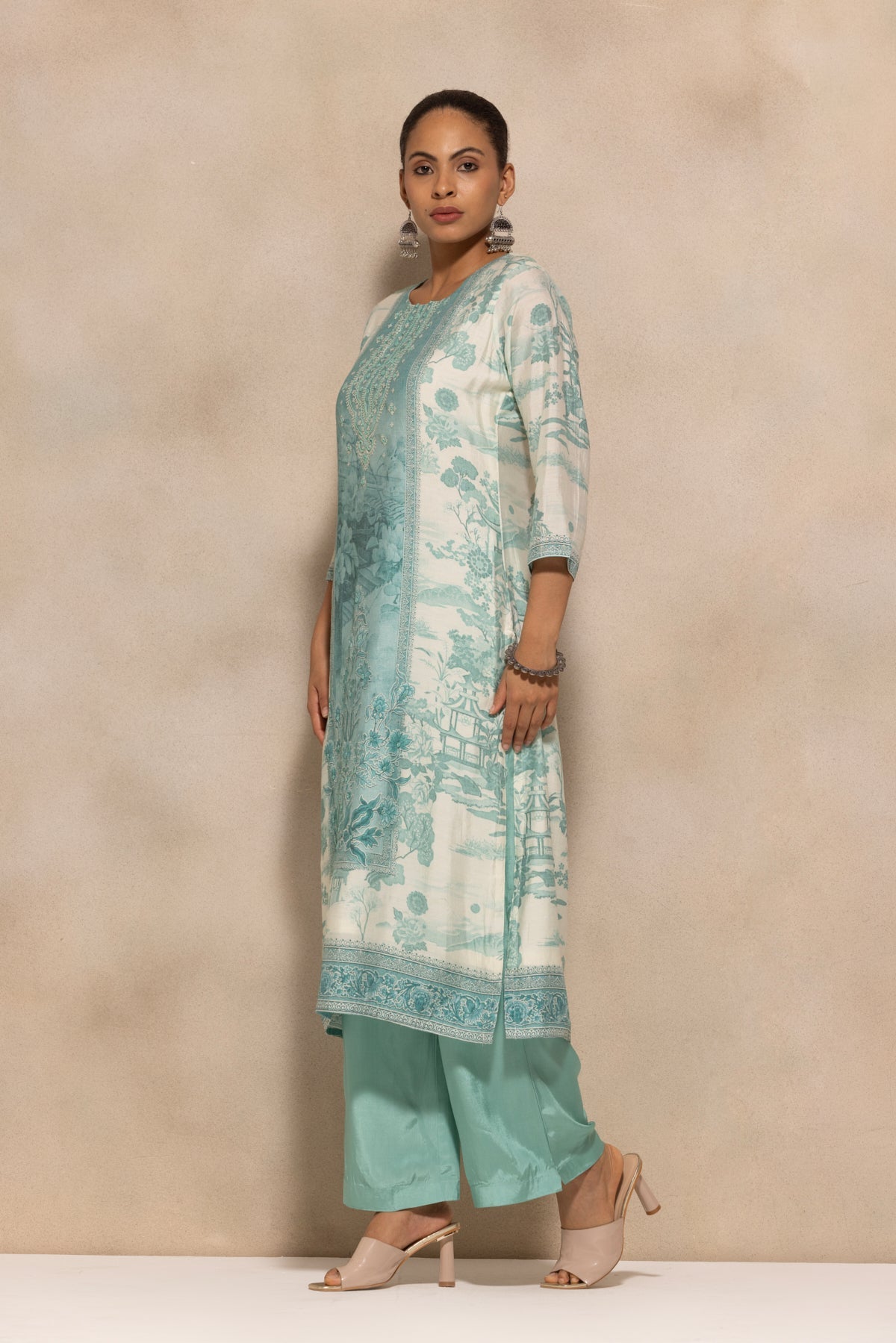 Cream Printed Kurta 3 Pcs Set