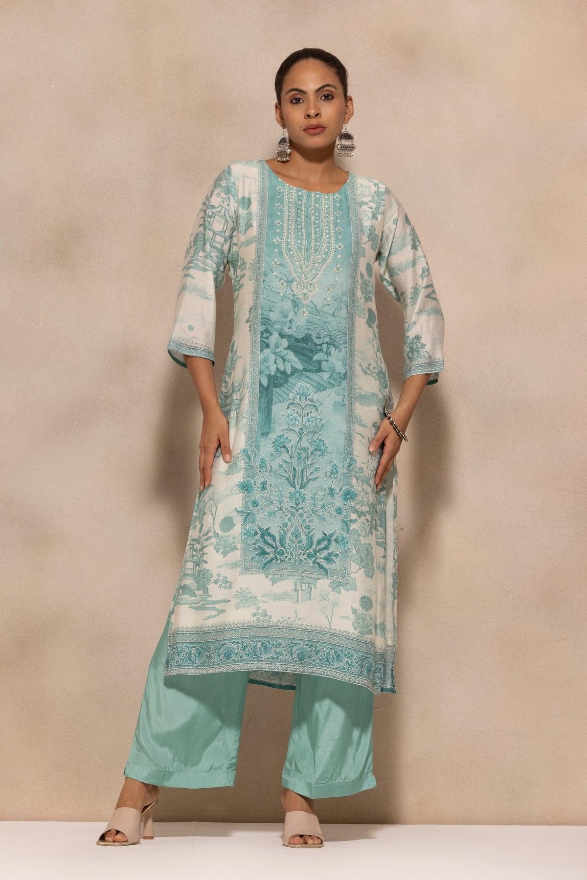 Cream Printed Kurta 3 Pcs Set