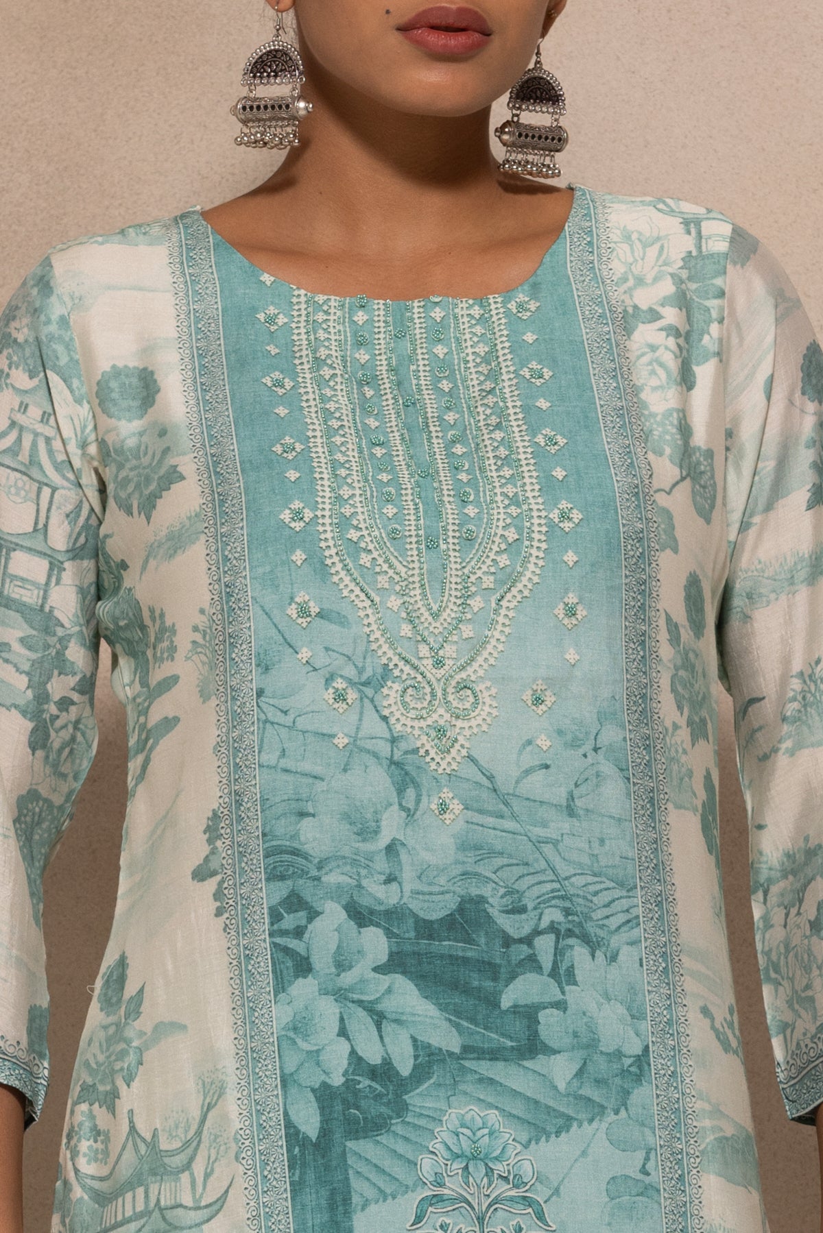 Cream Printed Kurta 3 Pcs Set
