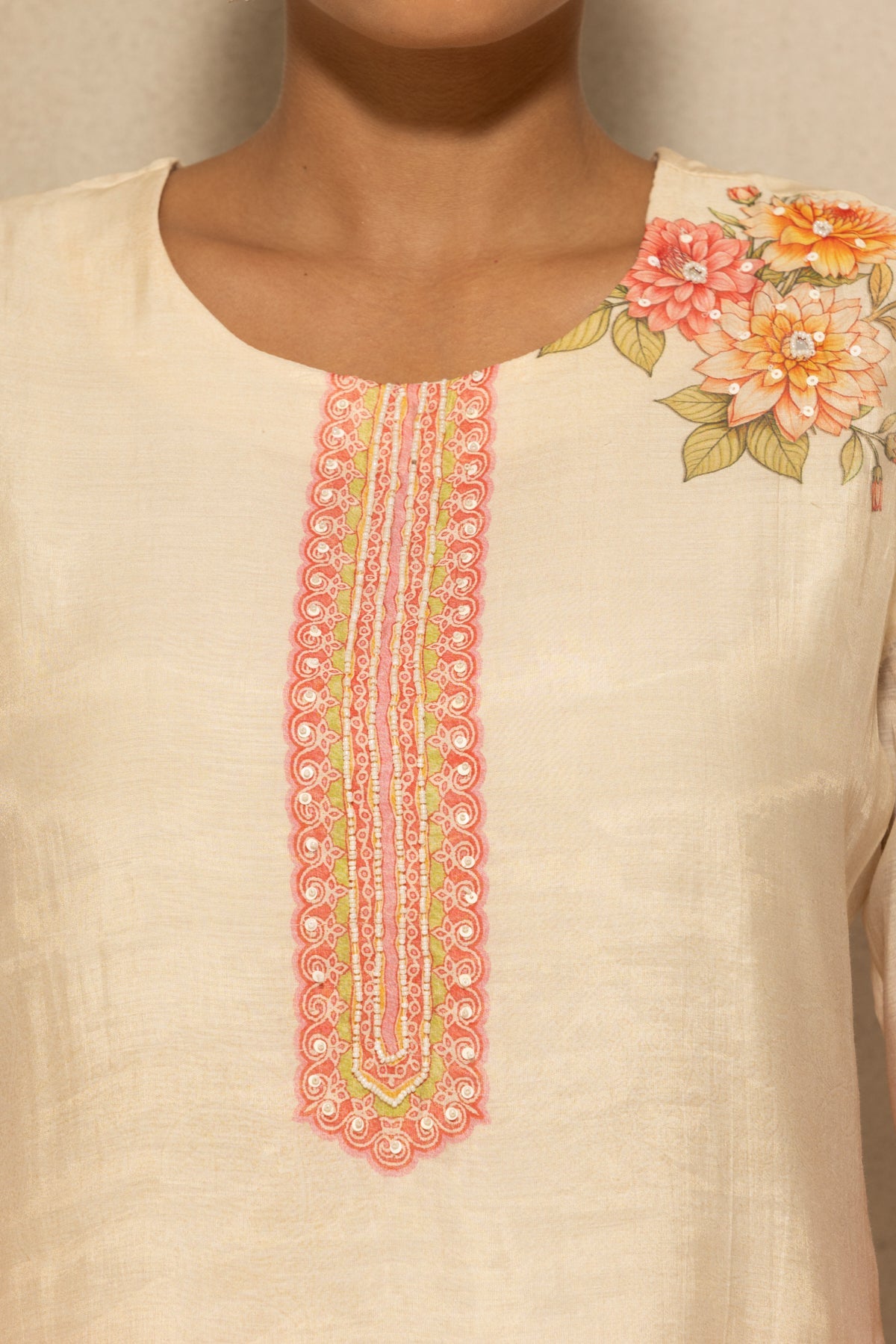 Cream Floral Printed Kurta 3 Pcs Set