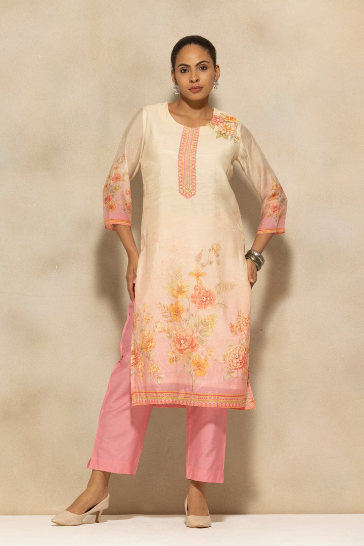 Cream Floral Printed Kurta 3 Pcs Set