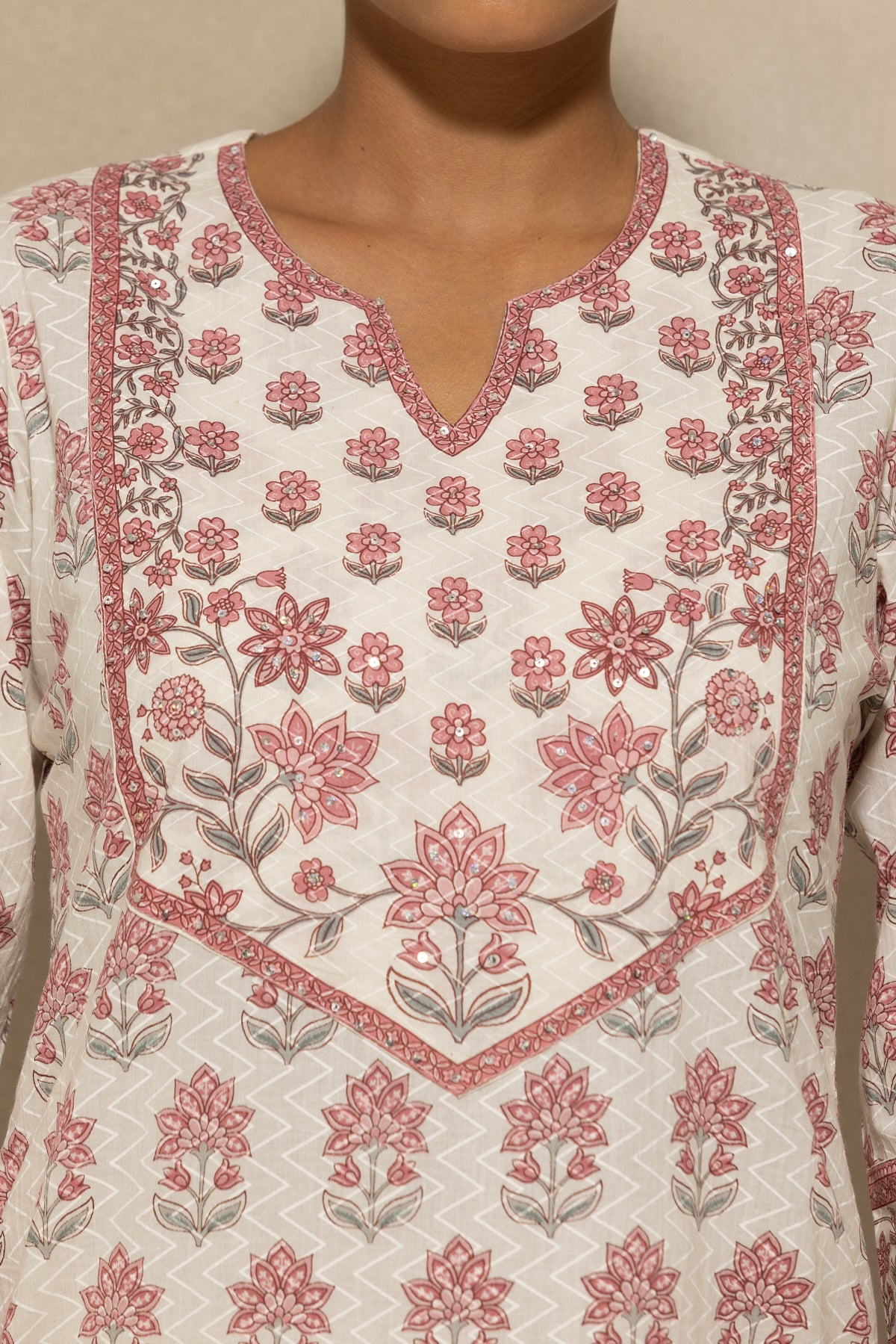 Cream Floral Printed Kurta 2 Pcs Set
