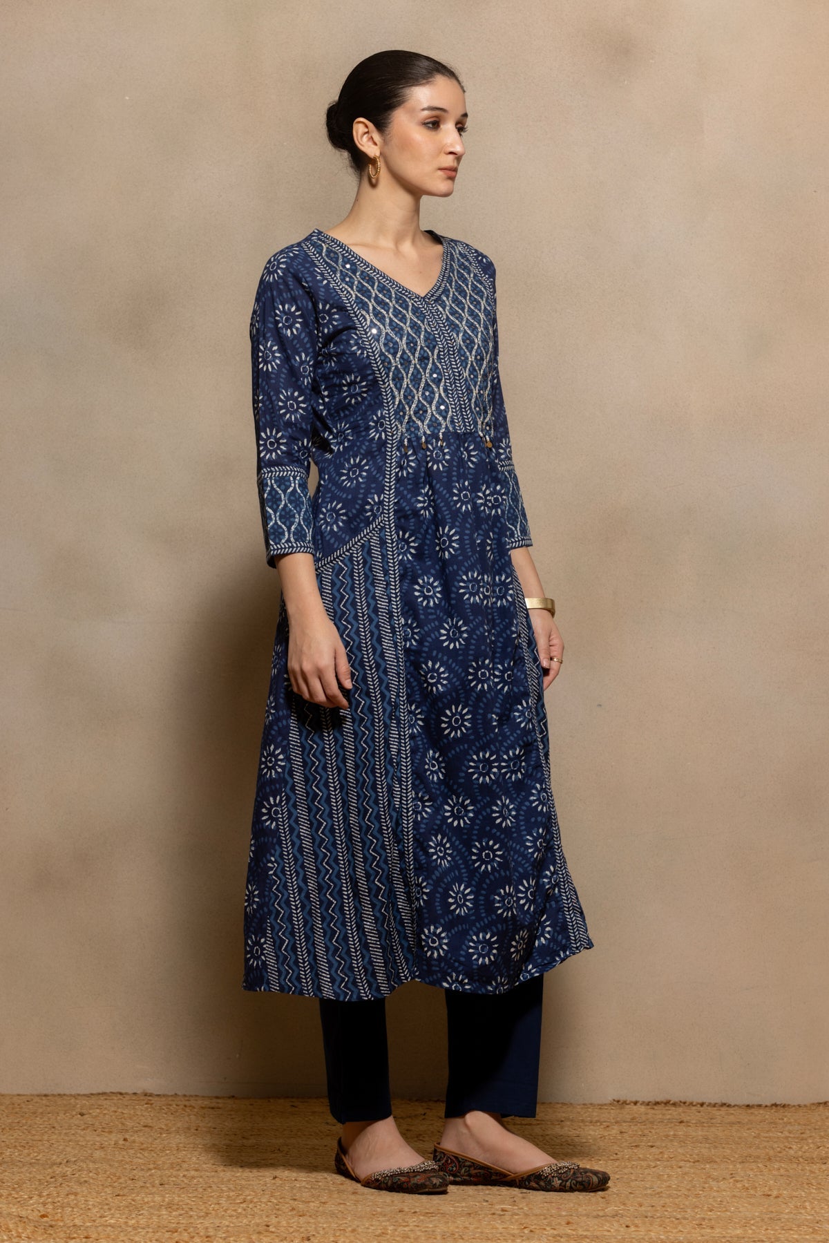 Blue Printed Flared Kurta 3 Pcs Set