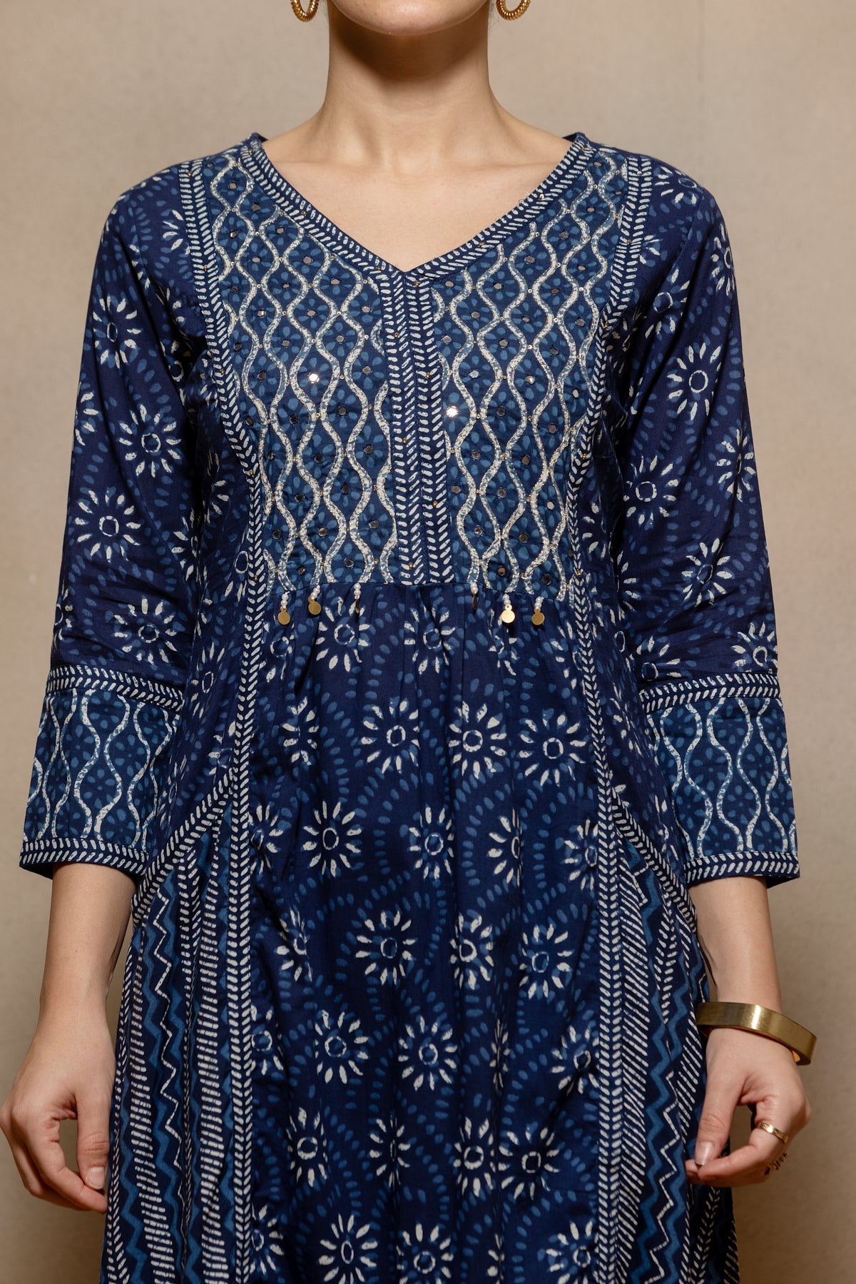 Blue Printed Flared Kurta 3 Pcs Set
