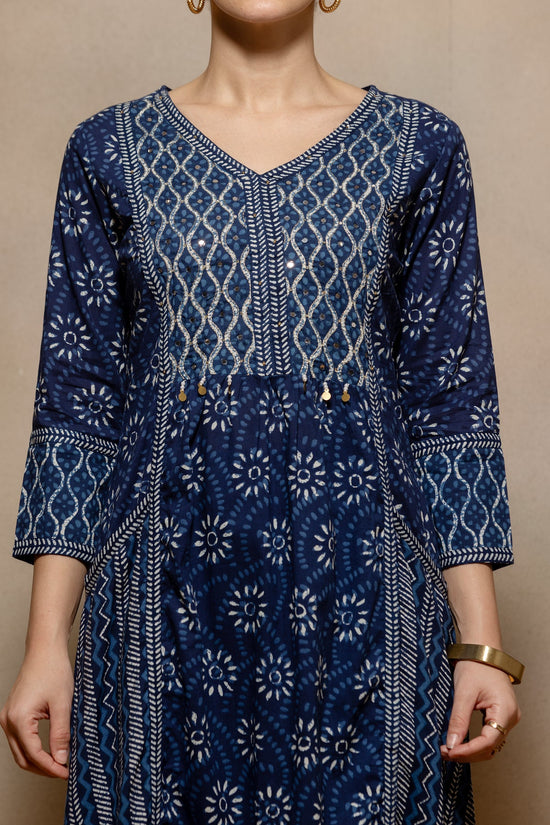 Blue Printed Flared Kurta 3 Pcs Set