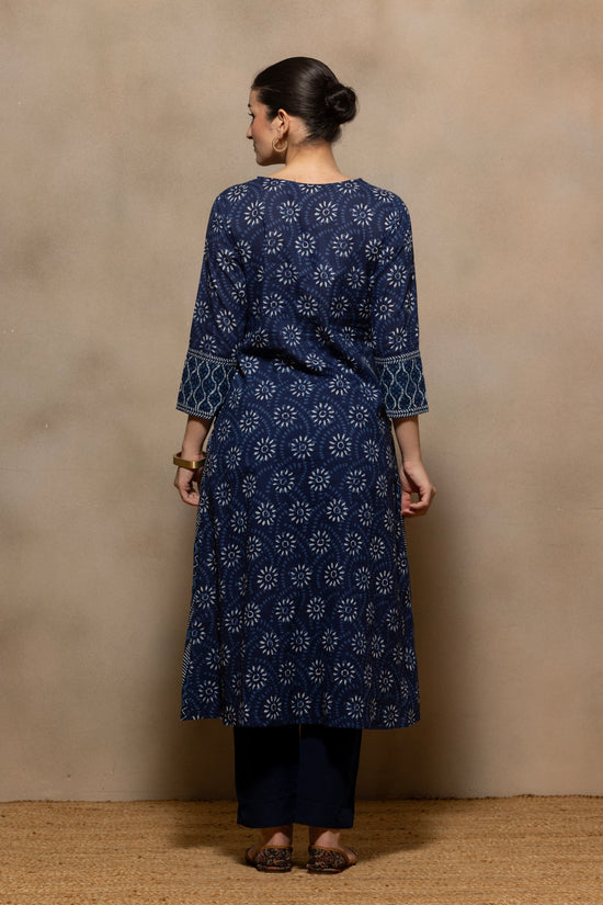 Blue Printed Flared Kurta 3 Pcs Set
