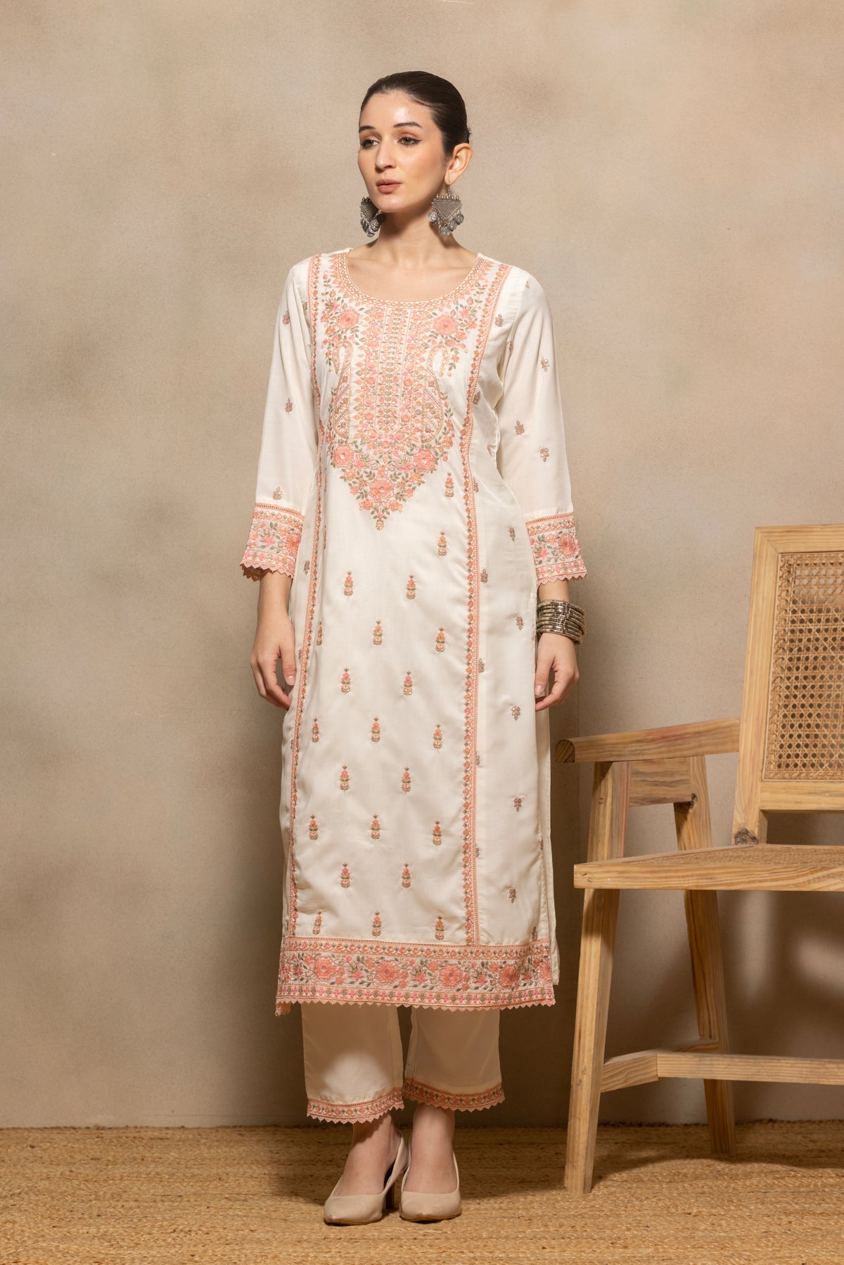 Cream Embroidered Kurta 3 Pcs Set
