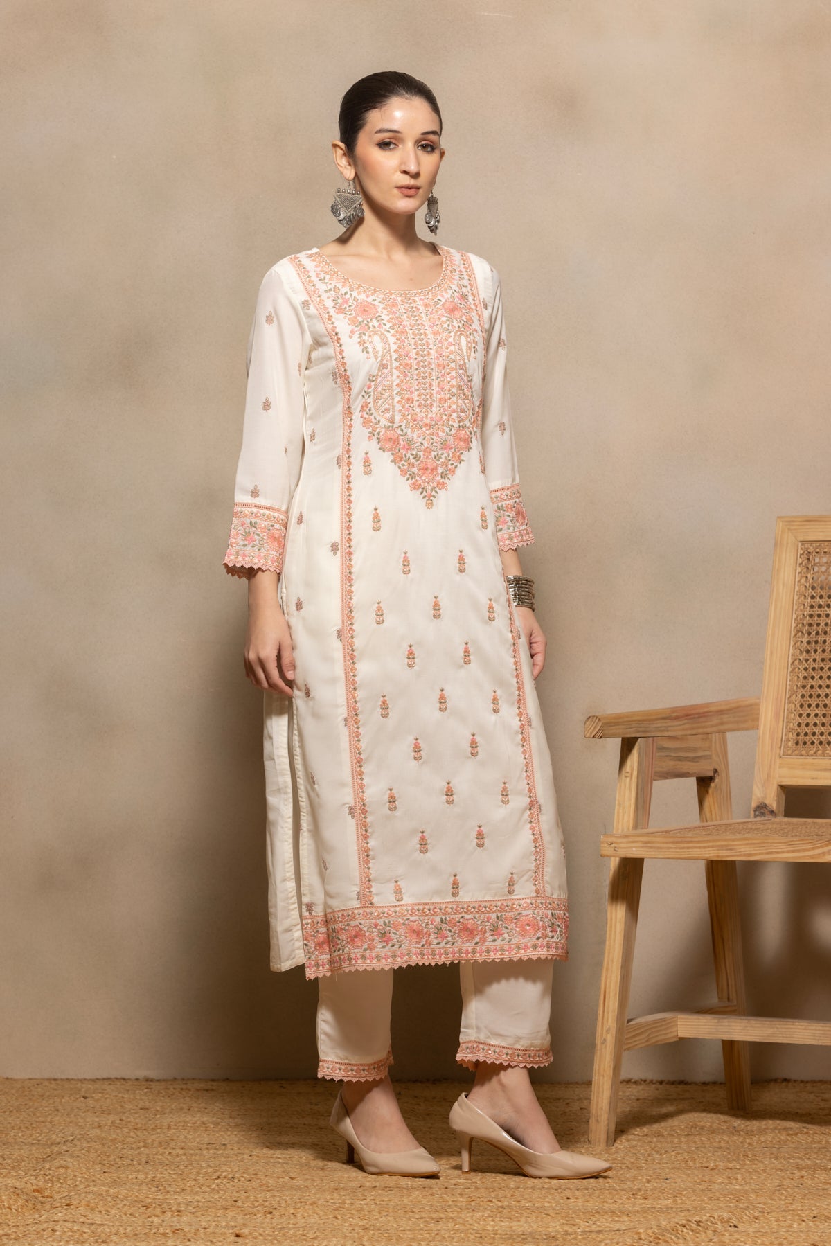 Cream Embroidered Kurta 3 Pcs Set