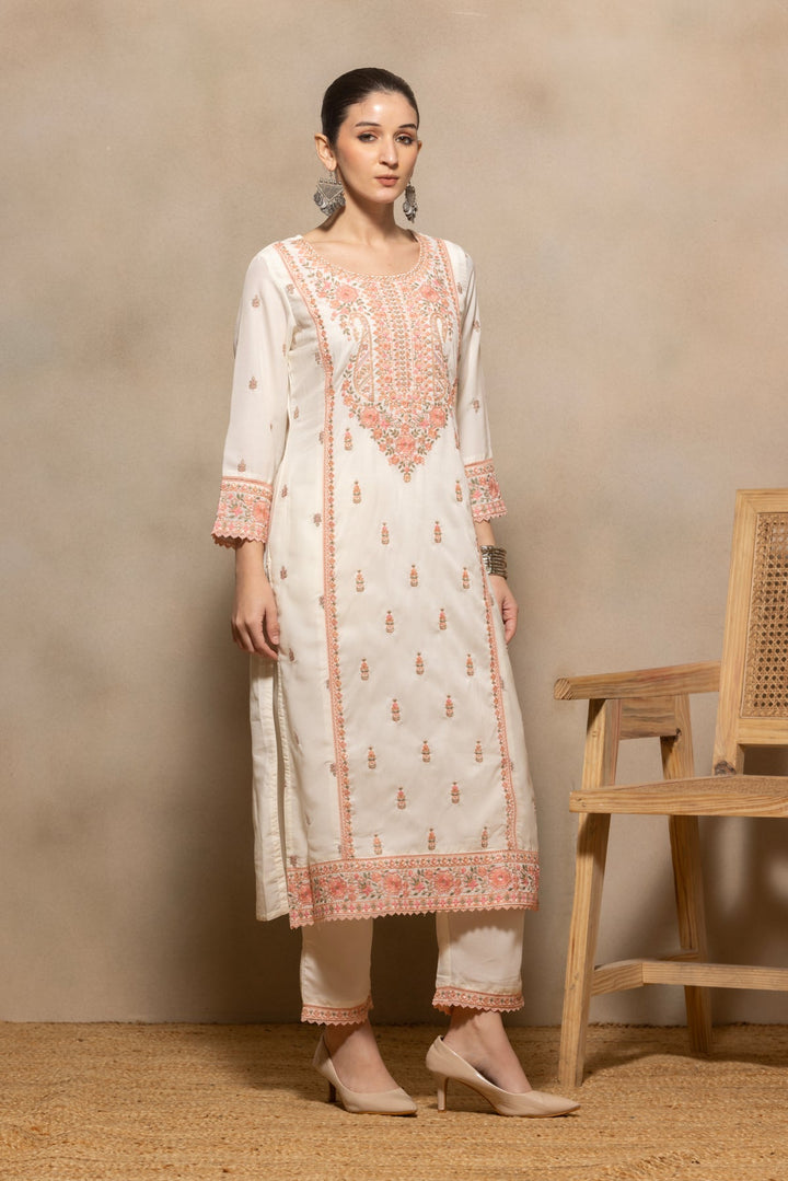 Cream Embroidered Kurta 3 Pcs Set
