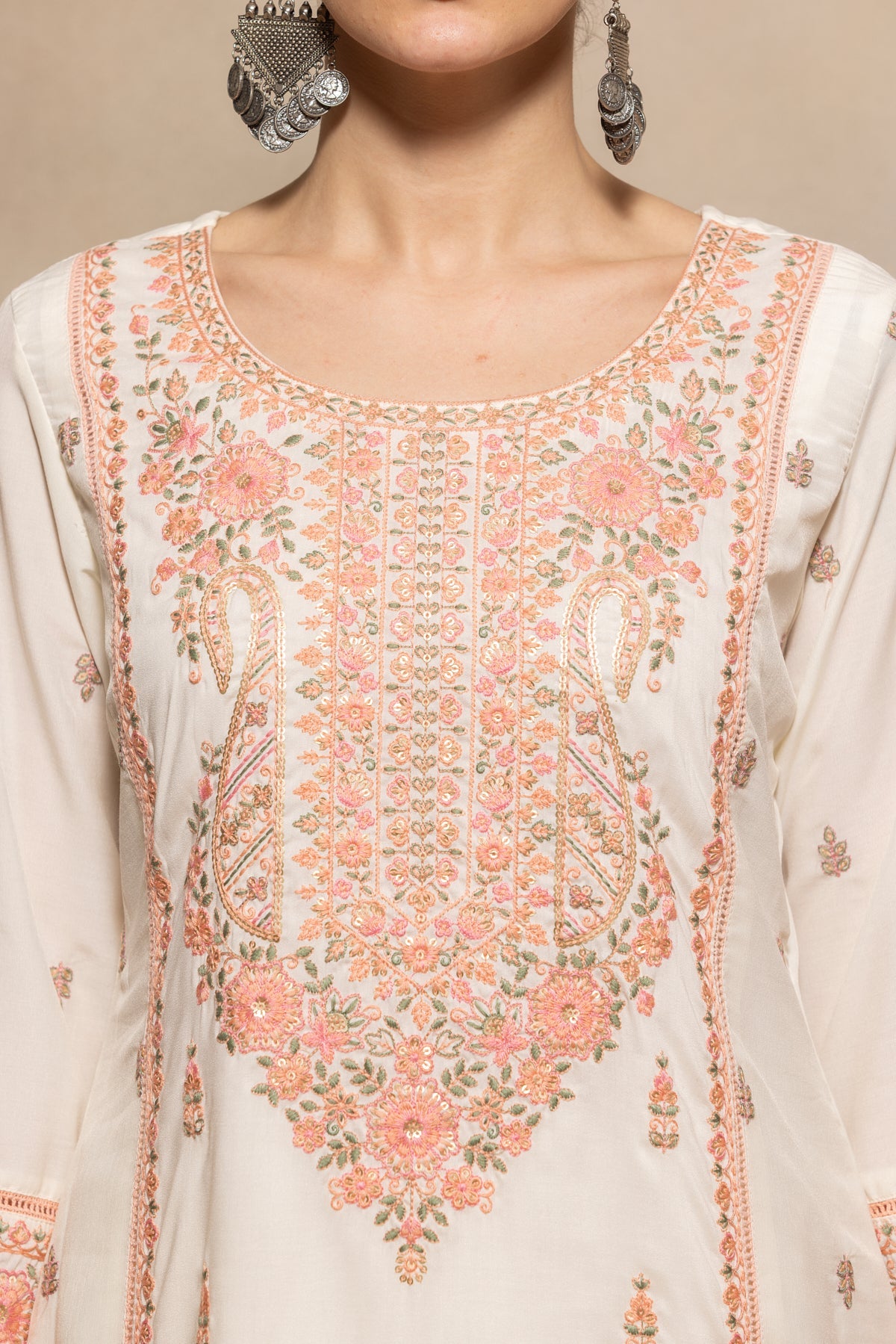 Cream Embroidered Kurta 3 Pcs Set