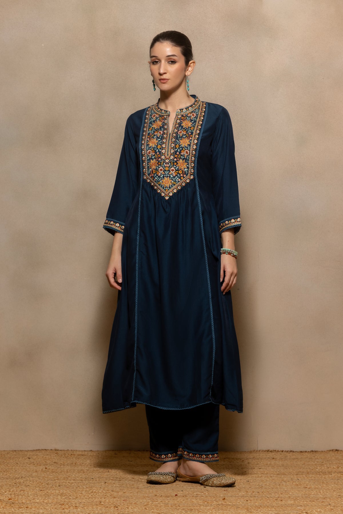 Teal Embroidered A-line Kurta 2 Pcs Set