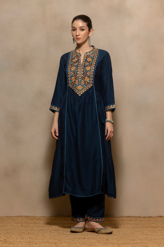 Teal Embroidered A-line Kurta 2 Pcs Set