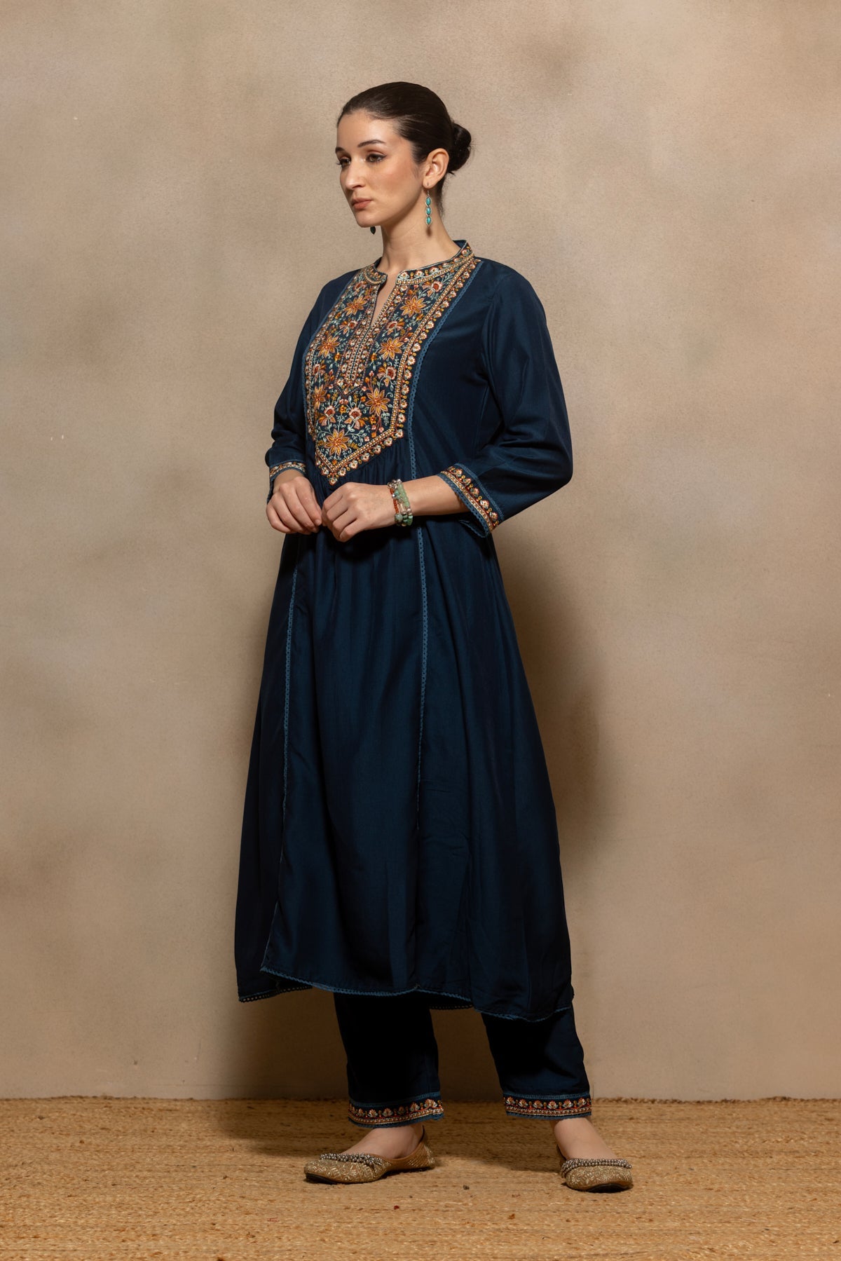 Teal Embroidered A-line Kurta 2 Pcs Set