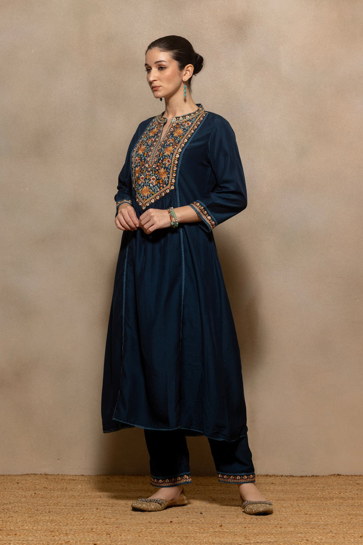 Teal Embroidered A-line Kurta 2 Pcs Set