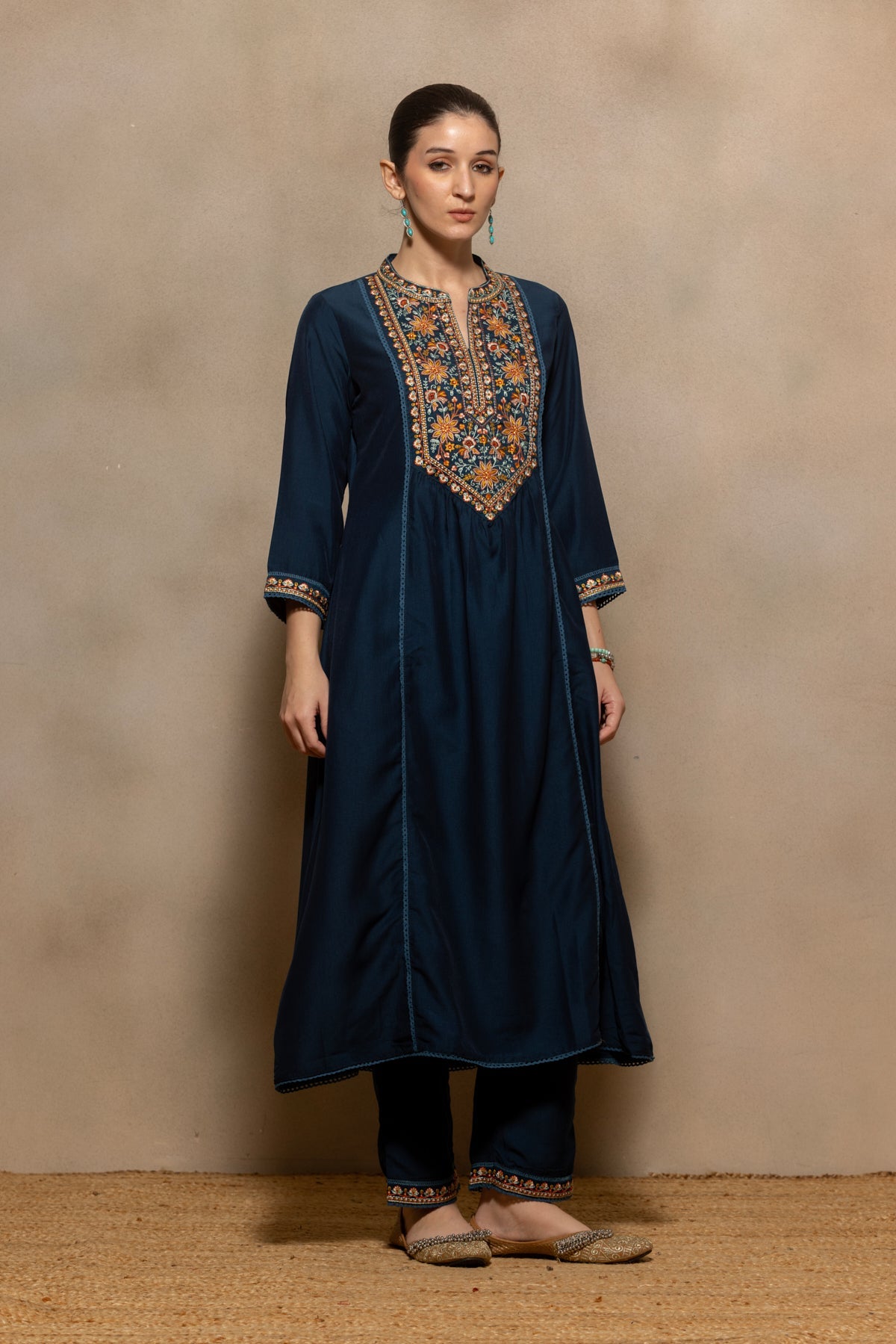 Teal Embroidered A-line Kurta 2 Pcs Set
