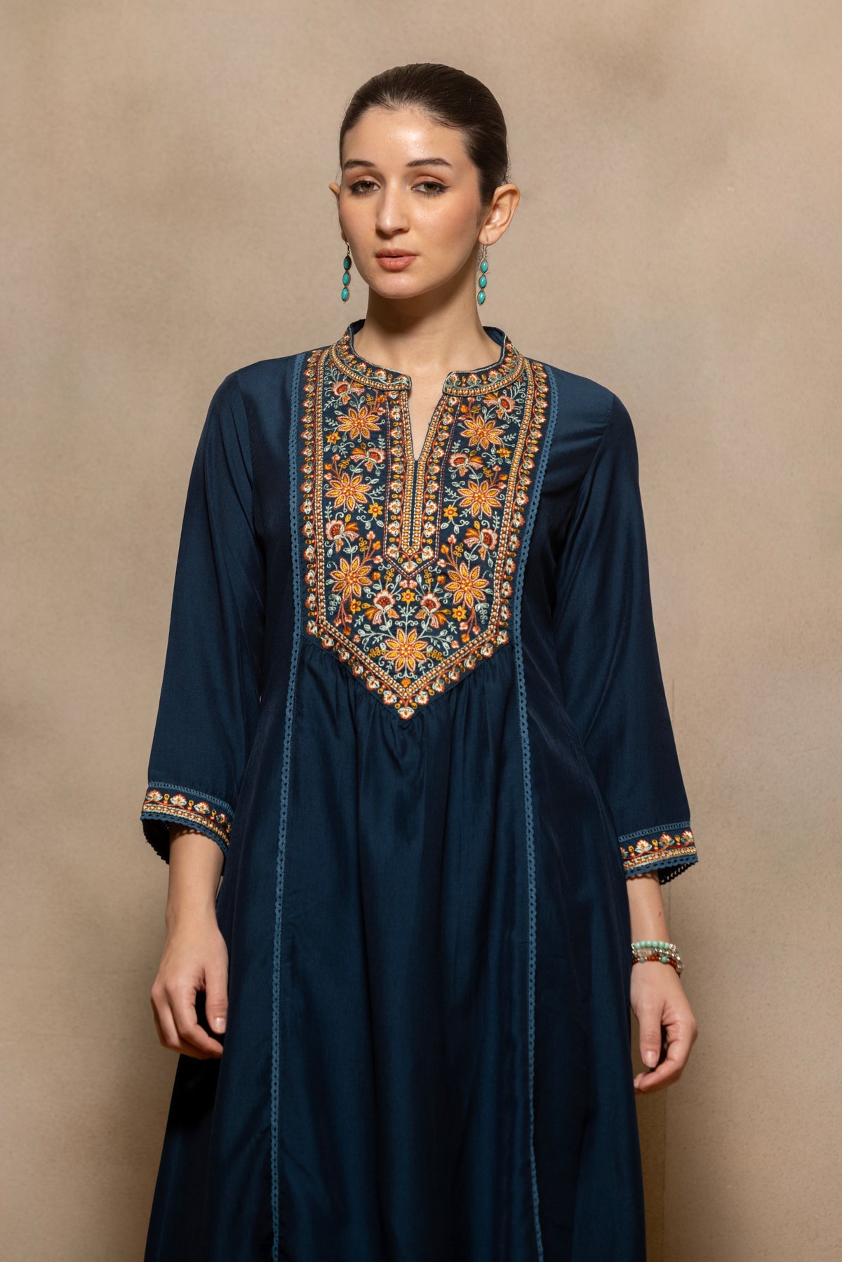 Teal Embroidered A-line Kurta 2 Pcs Set