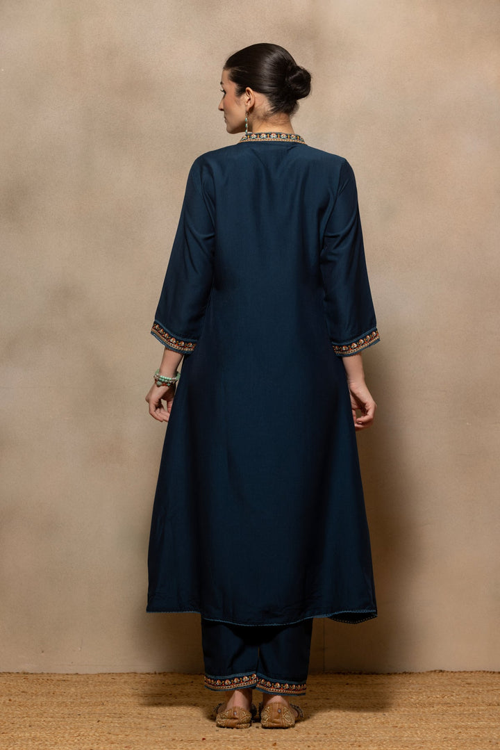 Teal Embroidered A-line Kurta 2 Pcs Set