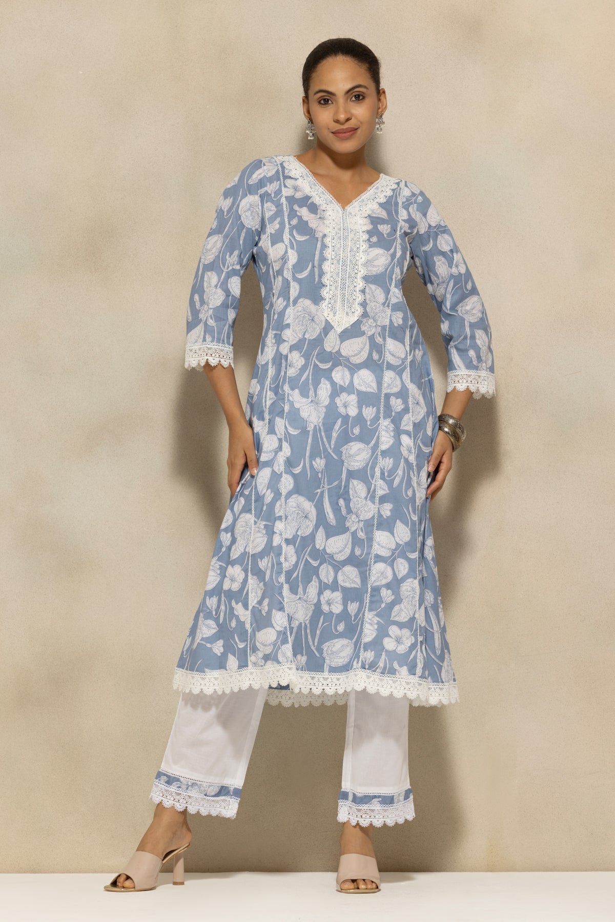 Blue Printed A-line Kurta 2 Pcs Set