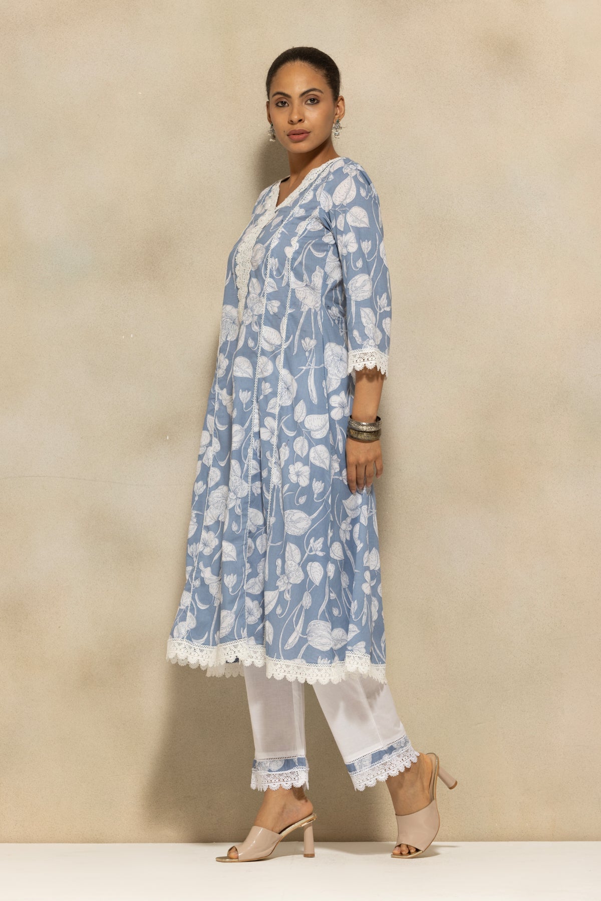 Blue Printed A-line Kurta 2 Pcs Set