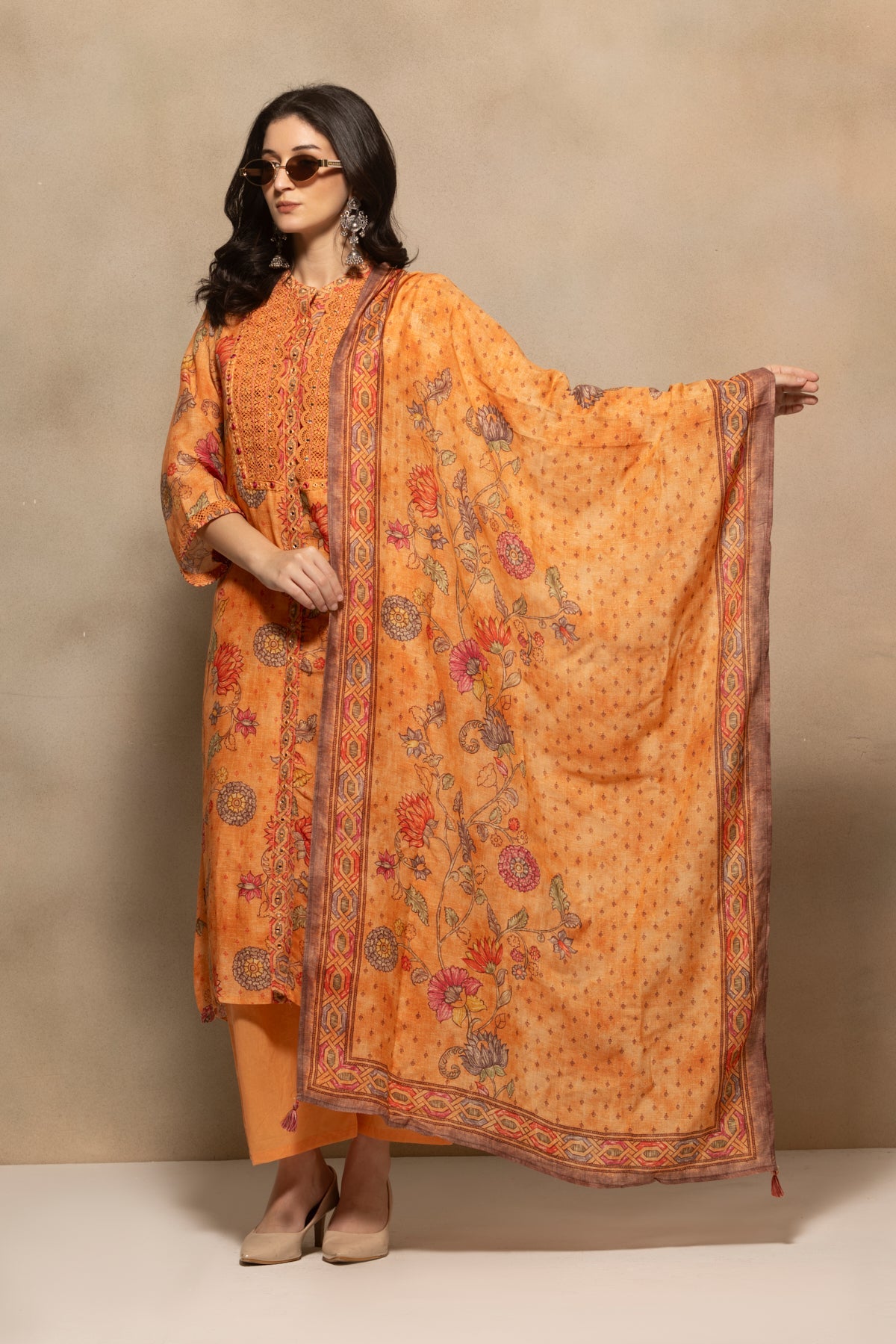 Orange Embellished Kurta Set