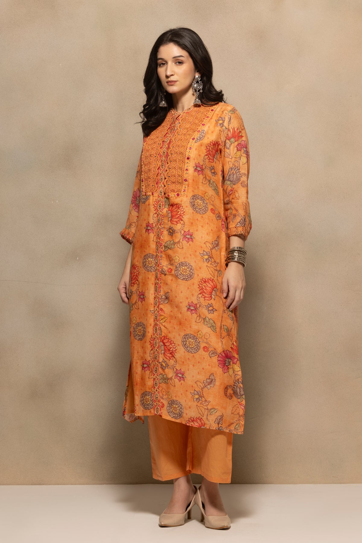 Orange Embellished Kurta 3 Pcs Set