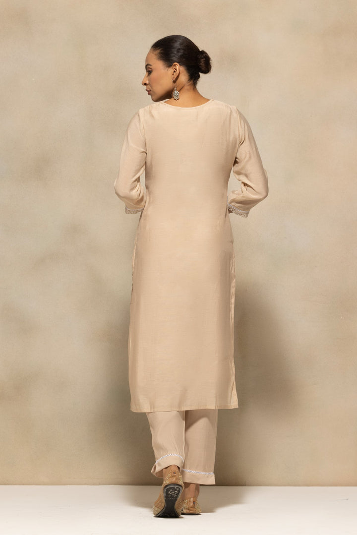 Beige Embroidered Kurta 3 Pcs Set