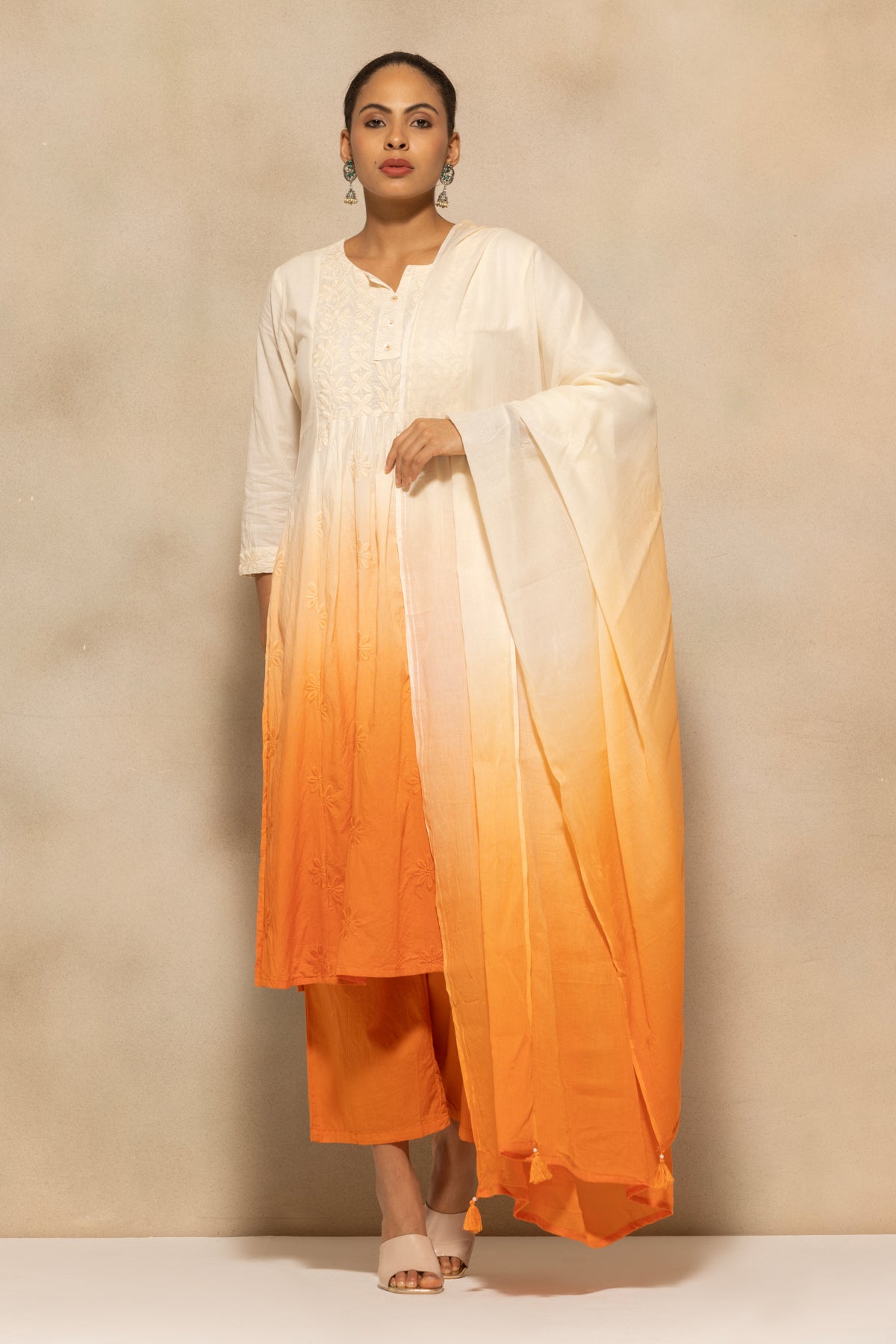 Cream Embroidered Kurta 3 Pcs Set