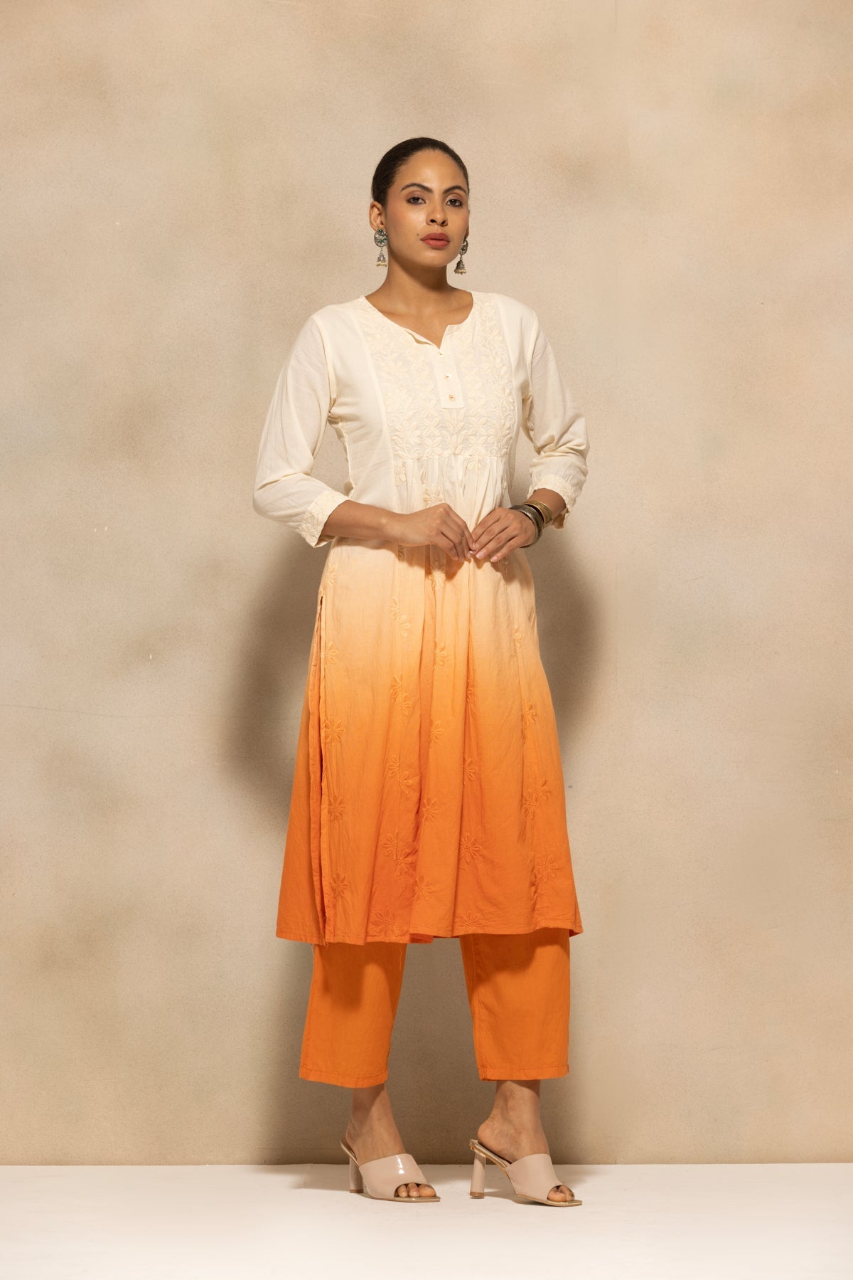 Cream Embroidered Kurta 3 Pcs Set