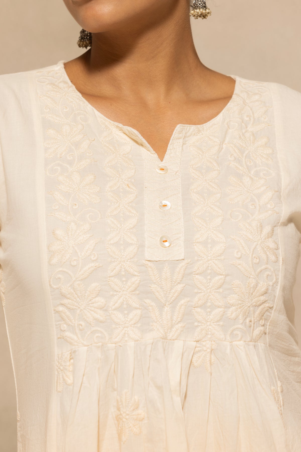 Cream Embroidered Kurta 3 Pcs Set