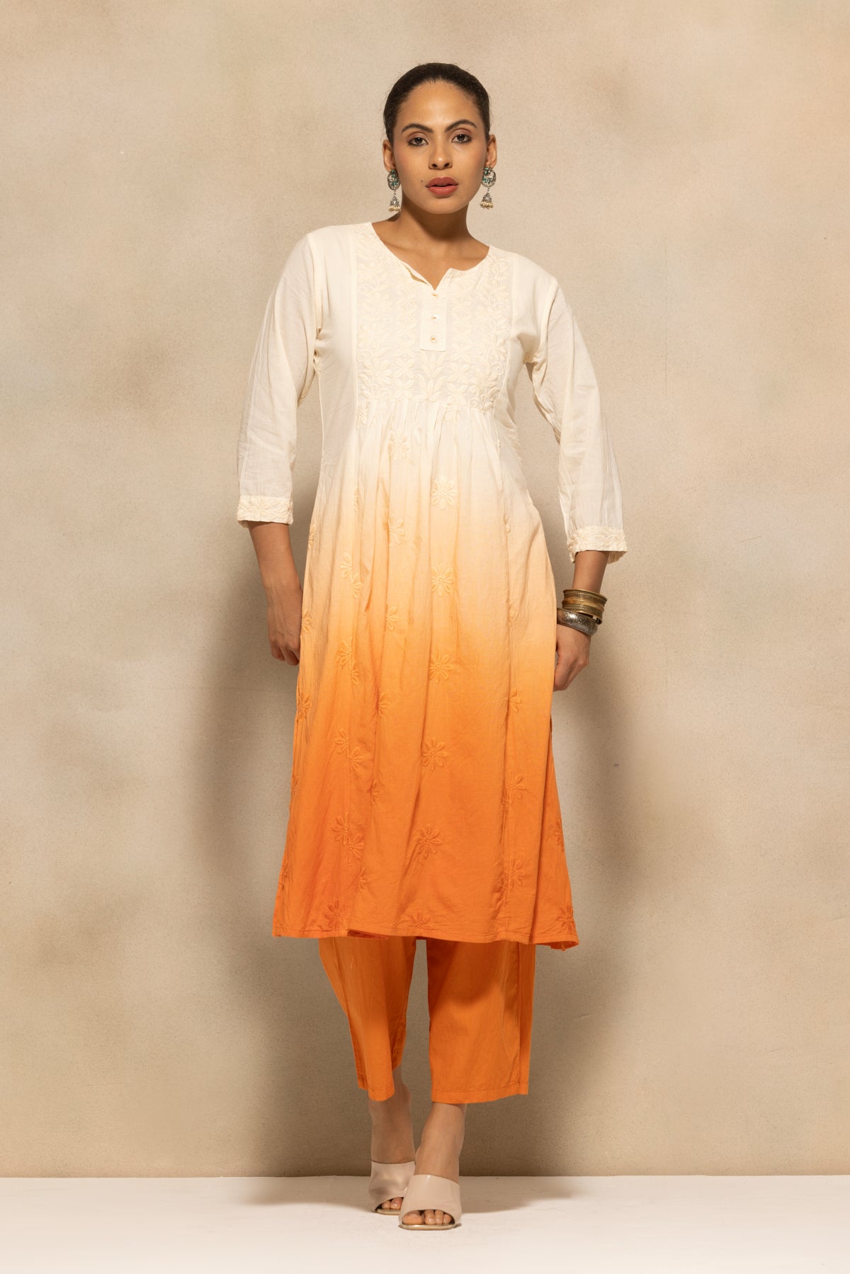 Cream Embroidered Kurta 3 Pcs Set